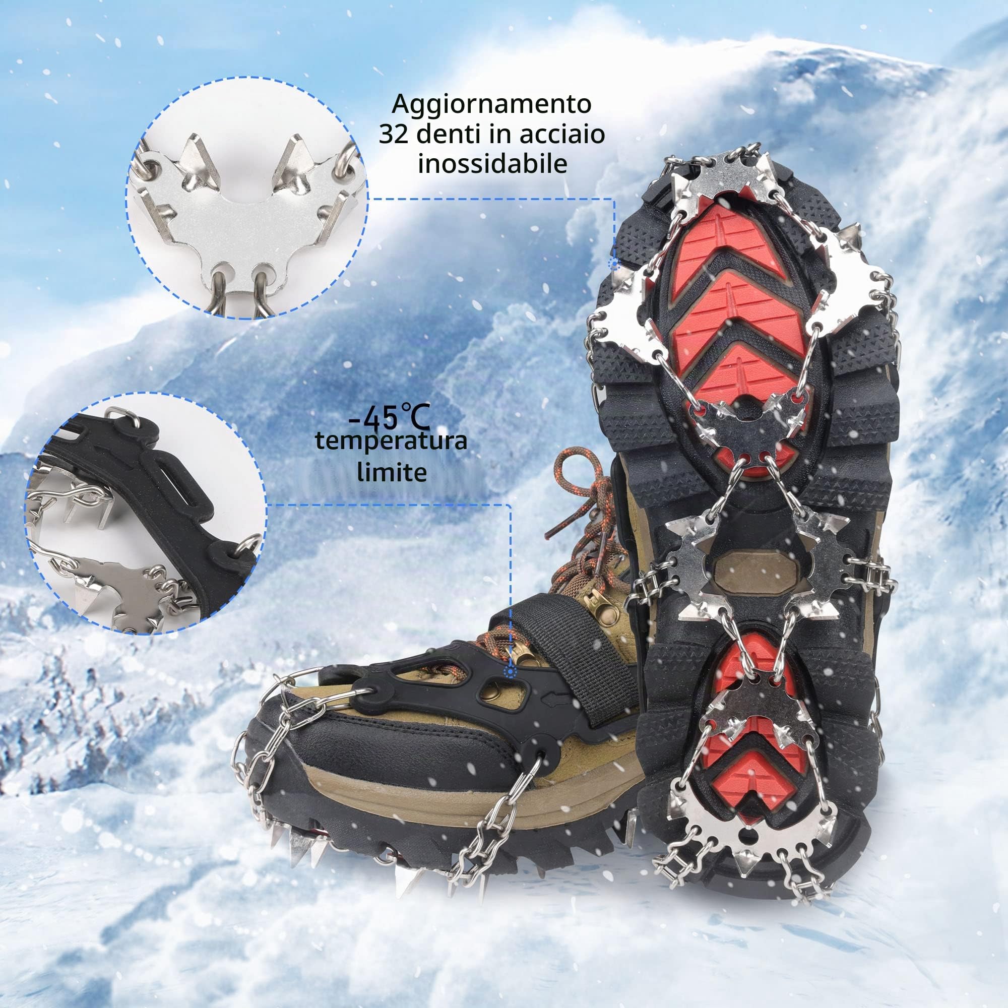 Ramponi per Scarponi,32 Denti Catene in Acciaio Inossidabile Picchi da Neve Ramponi con Tacchetti da Ghiaccio Trekking Portatile Escursionismo Campeggio Alpinismo Inverno