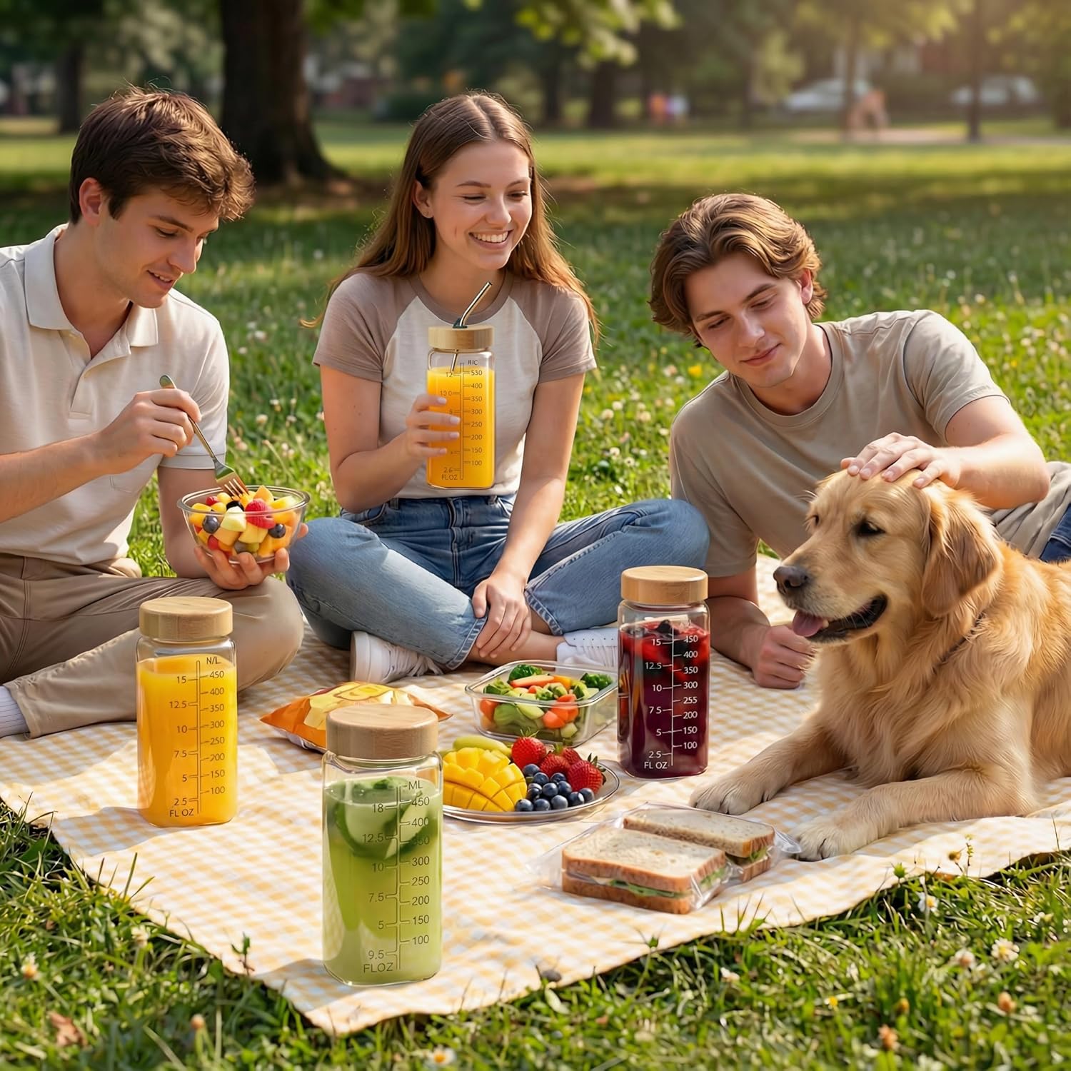 16oz Square Glass Juice Bottles with Lids, 6 Pack Reusable Juice Containers with Bamboo Lids, Glass Juicing jars with 4 Straws & 2 Airtight Lid with Hole for Drinking - Image 6