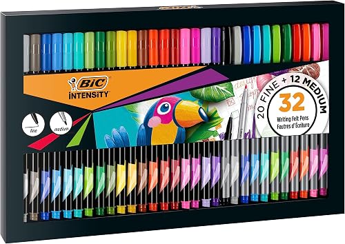 BIC Intensity Felt Tip Pens, Writing Pens with 20 Fine and 12 Medium Tips, Vibrant Colouring Pens, School Supplies for Kids or Adults, 32 Pack - 1