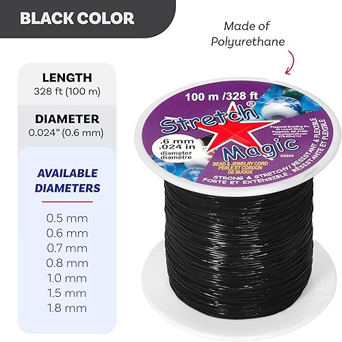 Miniatura 2 de Stretch Magic Cordón elástico para cuentas  Color negro, 0.024 in de diámetro, 328.1 ft (328 pies)  Cuerda fácil de anudar, fuerte y elástica para