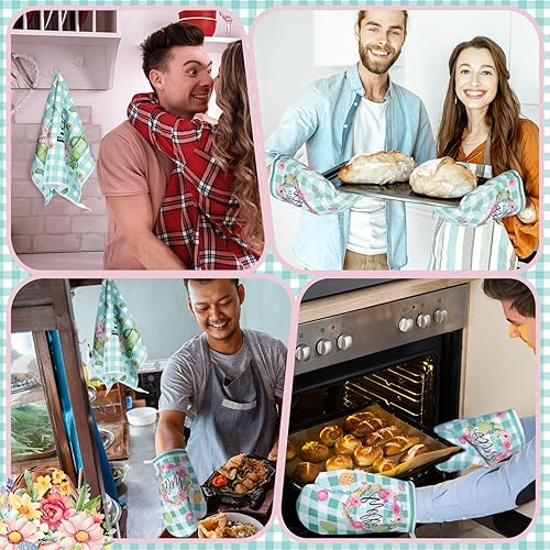 Miniatura 6 de VitalCozy Juego de 8 toallas de cocina de Pascua, guantes de horno y soporte para ollas, diseño floral de conejo de Pascua, flores de primavera, a