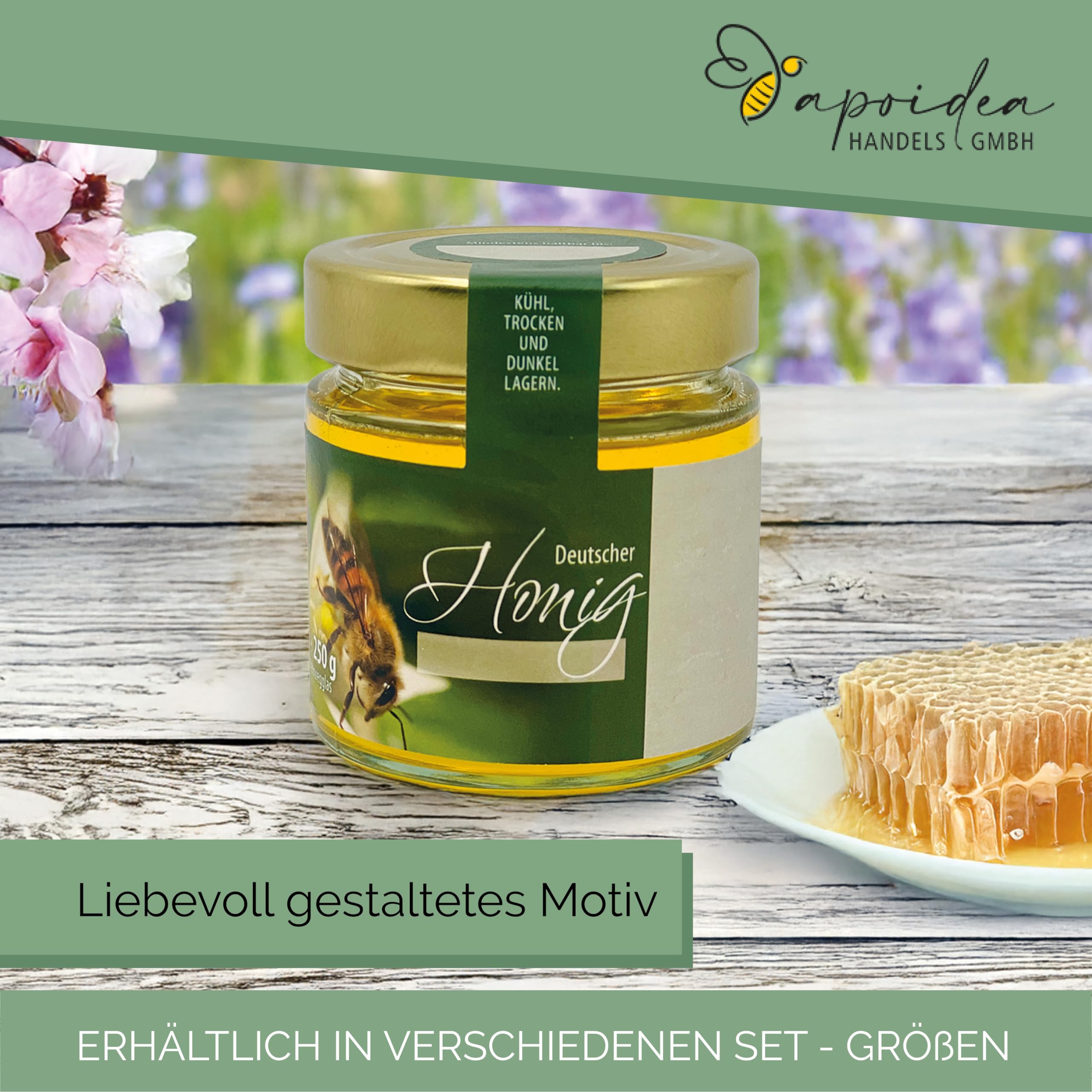 Apoidea – Honig Etiketten 500 g mit Gewährverschluss nassklebend – 100 Stück zum Stempeln/Etiketten Honiggläser/Honig Aufkleber für selbstgemachten Honig/Honigetiketten für Honiggläser