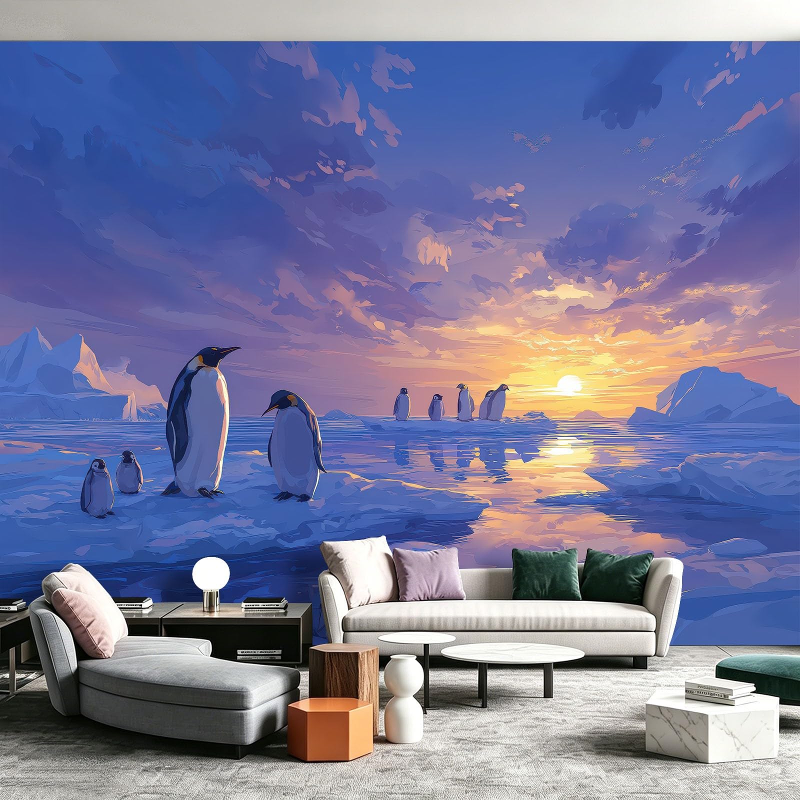 Générique Papier Peint Panoramique Photographie Animal Paysage 350x256 cm - Décoration Pingouin Scène Neige Surface Glace - Tapisserie Murales Papier Peint Intissé pour Chambre Salon - Photo Muraux