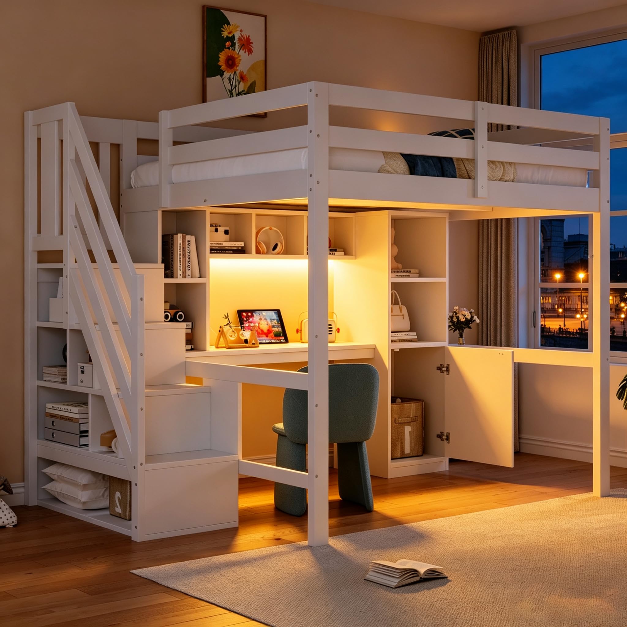 Letto a soppalco con scale, letto in legno bianco, con vano portaoggetti, scrivania, scaffali, illuminazione a LED e prese standard UE e griglie di sicurezza elevate (140 x 200 cm (dimensioni