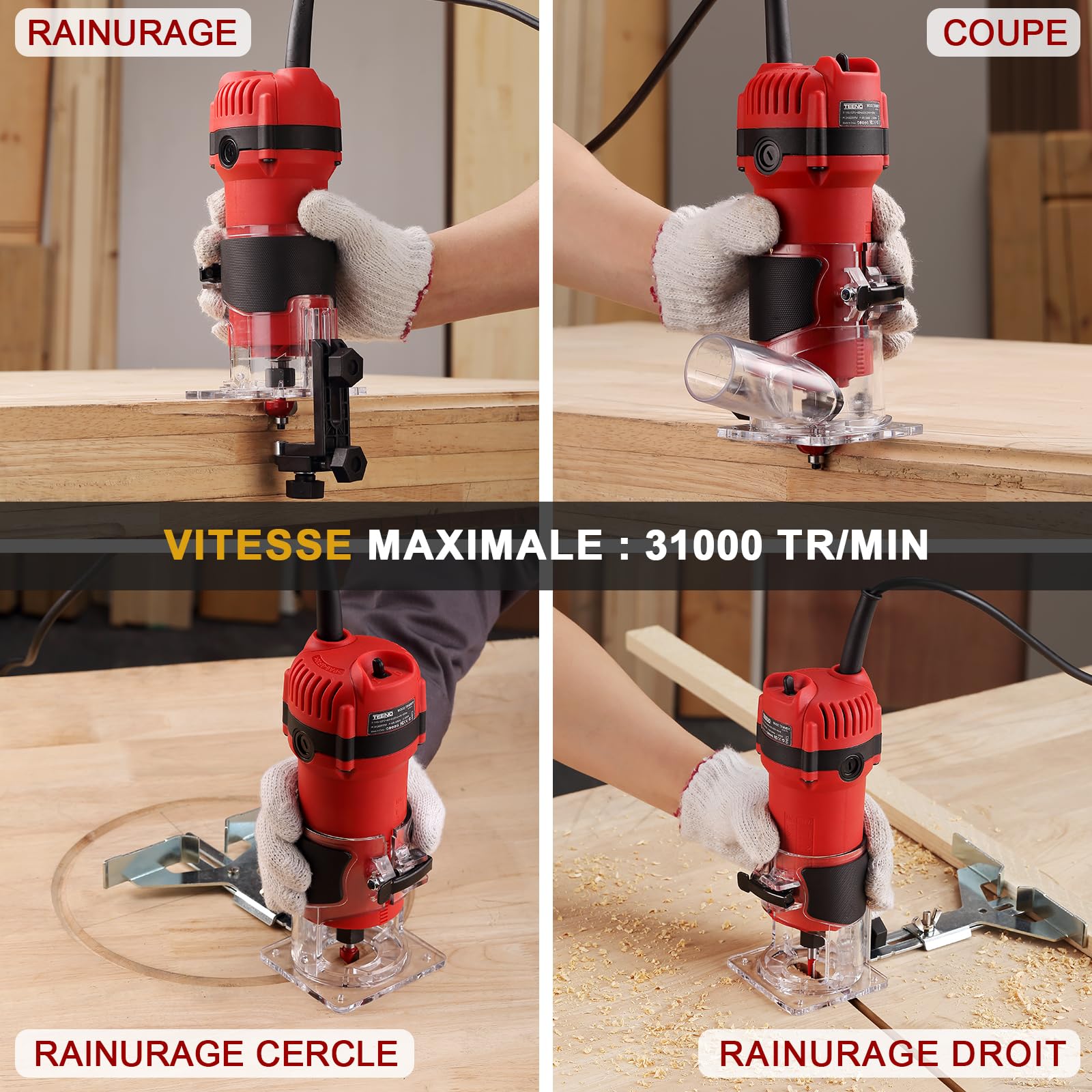 Affleureuse à Bois Défonceuse Électrique 800W 31000 RPM Avec Housse Anti Poussière,TEENO à Bois Défonceuse Affleureuse,15 Fraises à Défoncer Queue de 1/4",2 Pinces de 6/6.35mm,Pour Travail du bois