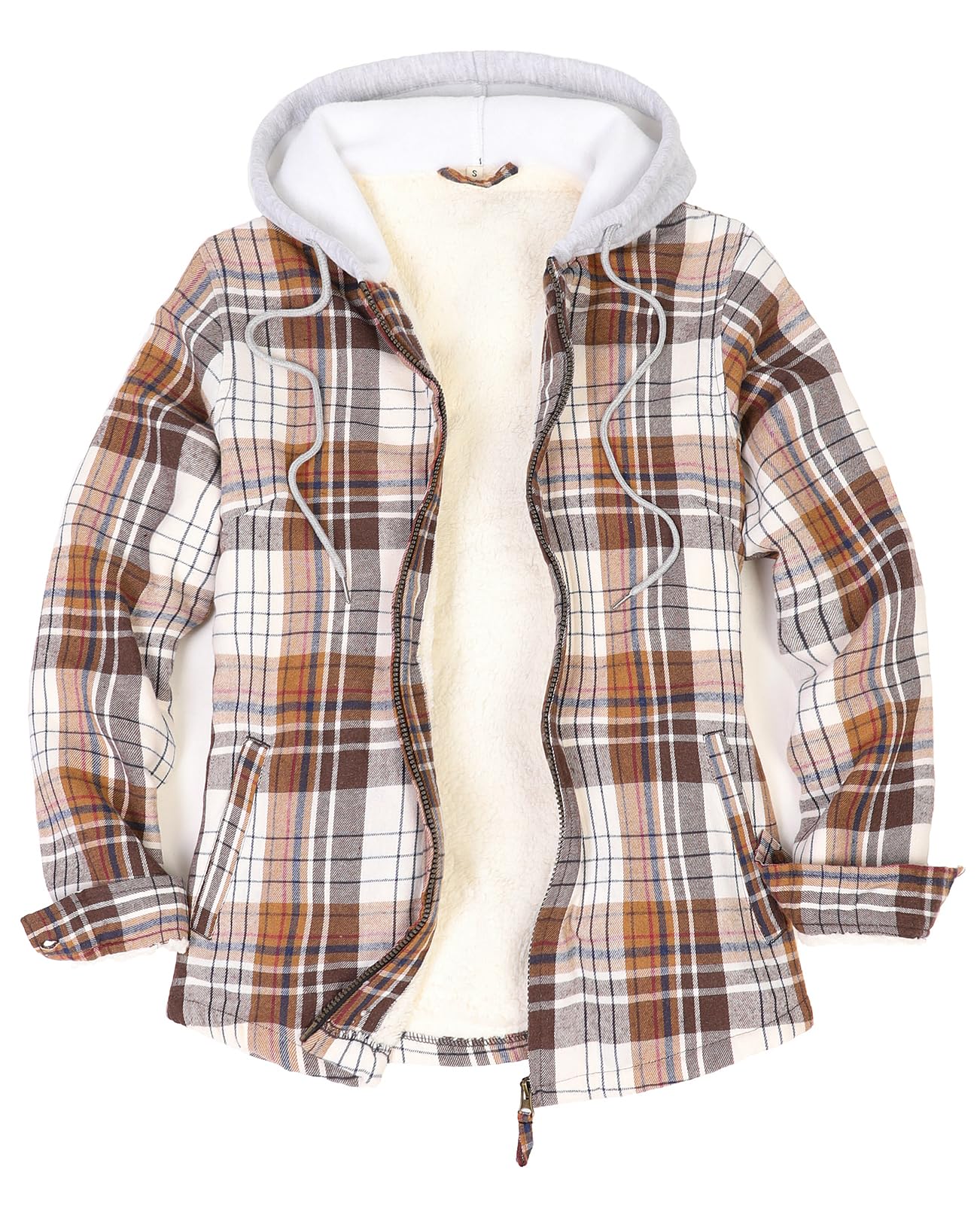 ZENTHACE Flanell-Hemdjacke mit Kapuze für Damen, Sherpa-Futter, durchgehender Reißverschluss, für Herbst und Winter, kariert