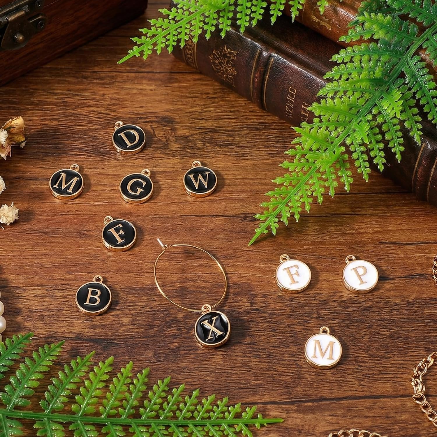 102 PCS Wine Glass Charms, Metal Drink Markers with Black & White Letter Beads, Enamel Initial Charms for Party Decorations and Events