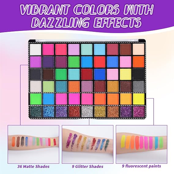 LOUHUA 54 Colors Face Painting Kit for Kids, Non Toxic Water Activated Face Paint Palette with Stencils, Brushes, Gems, for Halloween Makeup Birthday Carnival Cosplay, Washable Facepaint Kit