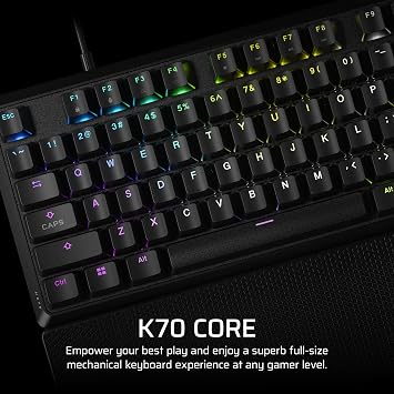 CORSAIR K70 CORE RGB Mechanical Wired Gaming Keyboard with Palmrest Pre-Lubed MLX Red Linear Switches, SOCD, ABS Double-Shot Keycaps, Sound Dampening, Media Control Dial, QWERTY NA Black