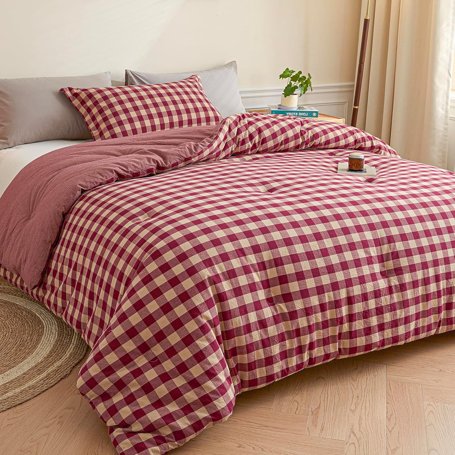 Cyusri Cotton Plaid Twin Comforter Set - Soft Lightweight Bedding 2 Pieces Dyed Bed Set with 1 Pillow Shams,Reversible All Season Farmhouse Down Alternative(Twin Size 68"x90" Retro Red) - Image 2