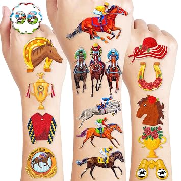 96PCS Horse Racing Temporary Tattoos for Kids Boys Girls | Themed Birthday Party Decorations Favors Supplies Decor, Equestrian Run For The Rose, School Prizes Carnival Gifts