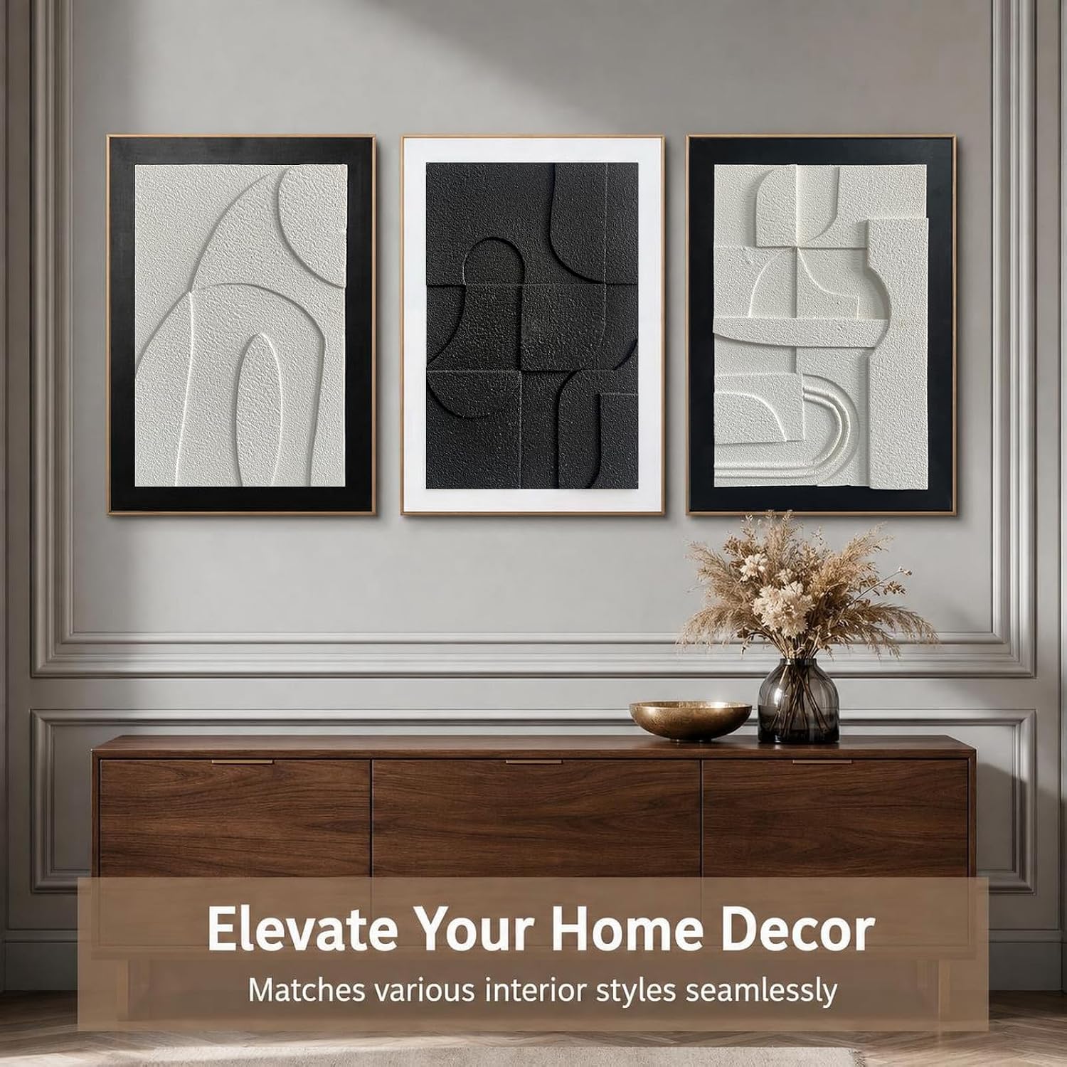 Framed 3D Textured Abstract Wall Art for Living Room, 3PC Black and White Abstract Geometric Wall Painting for Hallway, Modern Sandstone Texture Artwork with Metel Frame Ready to Hang 20×28inchesx3