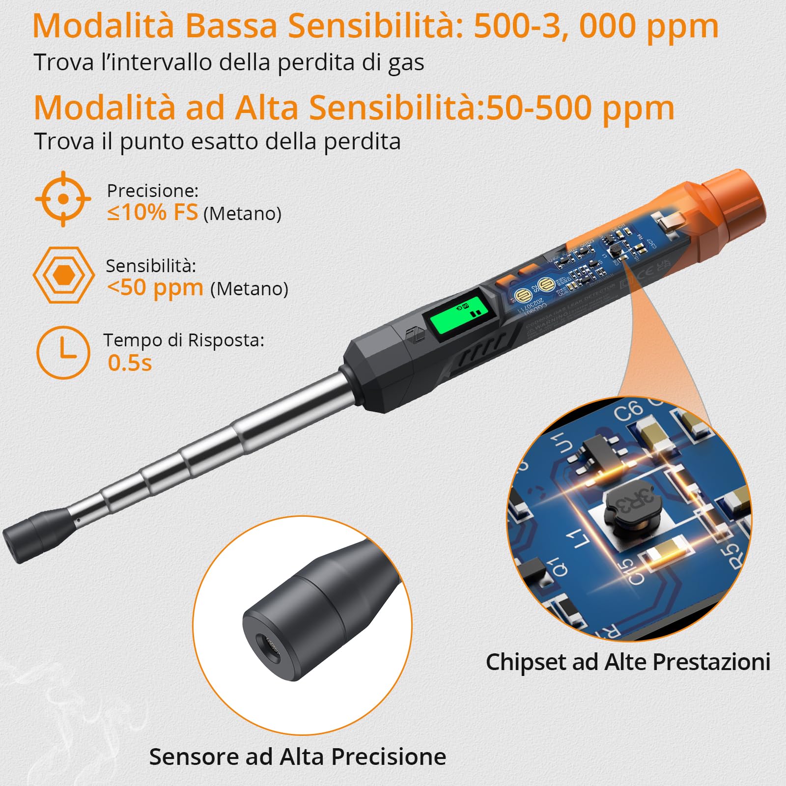 Neoteck Kit Professionale per Sicurezza Gas: 2 Rilevatori Portatili con Sonde da 10cm e 16cm, Sensibilità Regolabile per Metano, GPL - Controllo Caldaia, Cucina, Camper