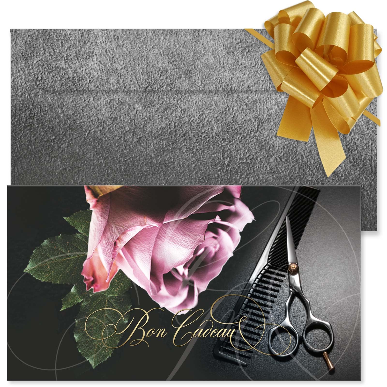 POS BON - 100 bons cadeaux à remplir avec enveloppe/nœud ruban - formulaires imprimés pour des salons de coiffure K1207F-2-100-V1