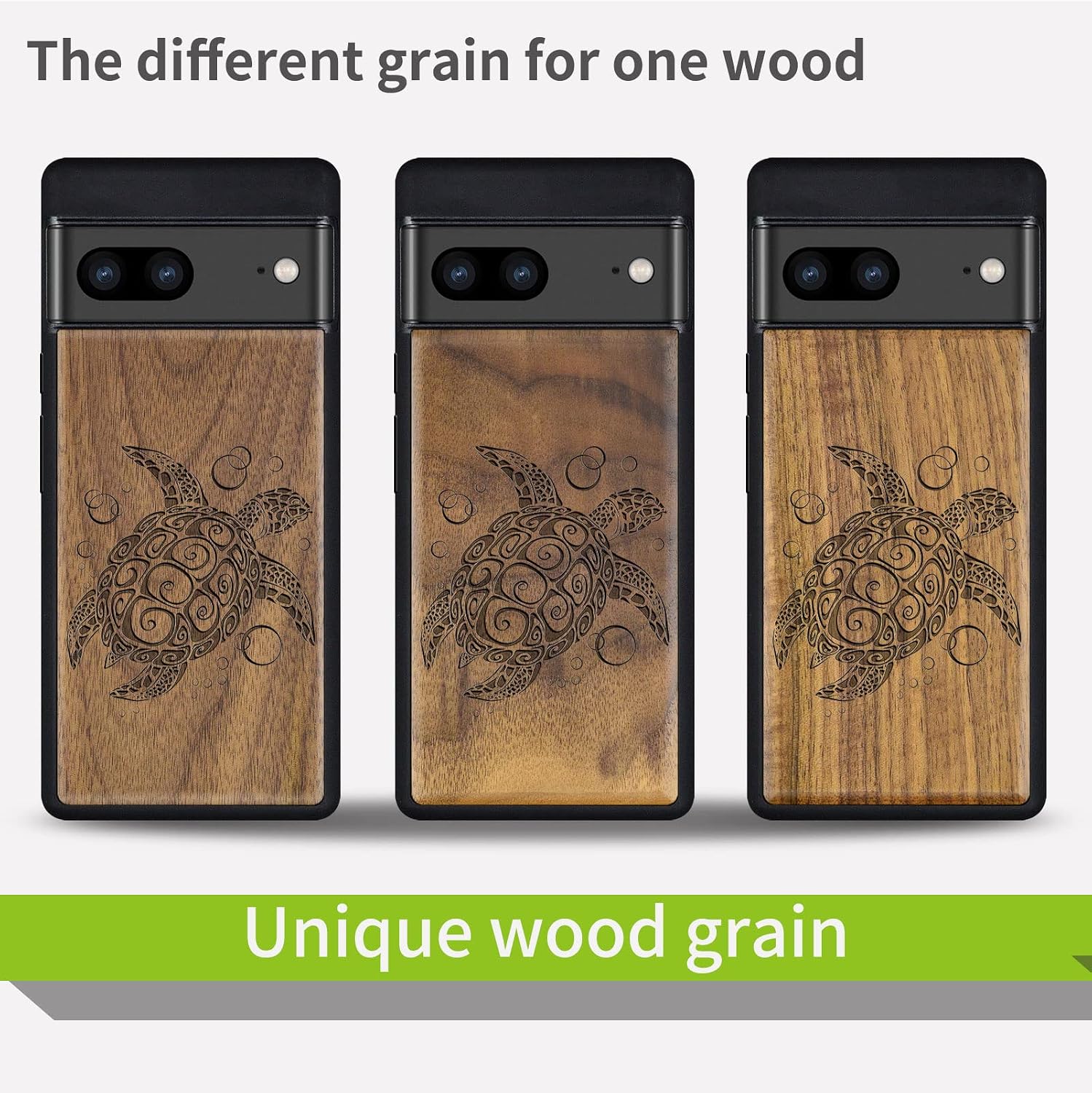 Carveit Wood Case for Pixel 7 Case [Solid Wood & Black Soft TPU] Shockproof Protective Unique Wooden Cover Compatible with Google Pixel 7 (Sea Turtle-Walnut)