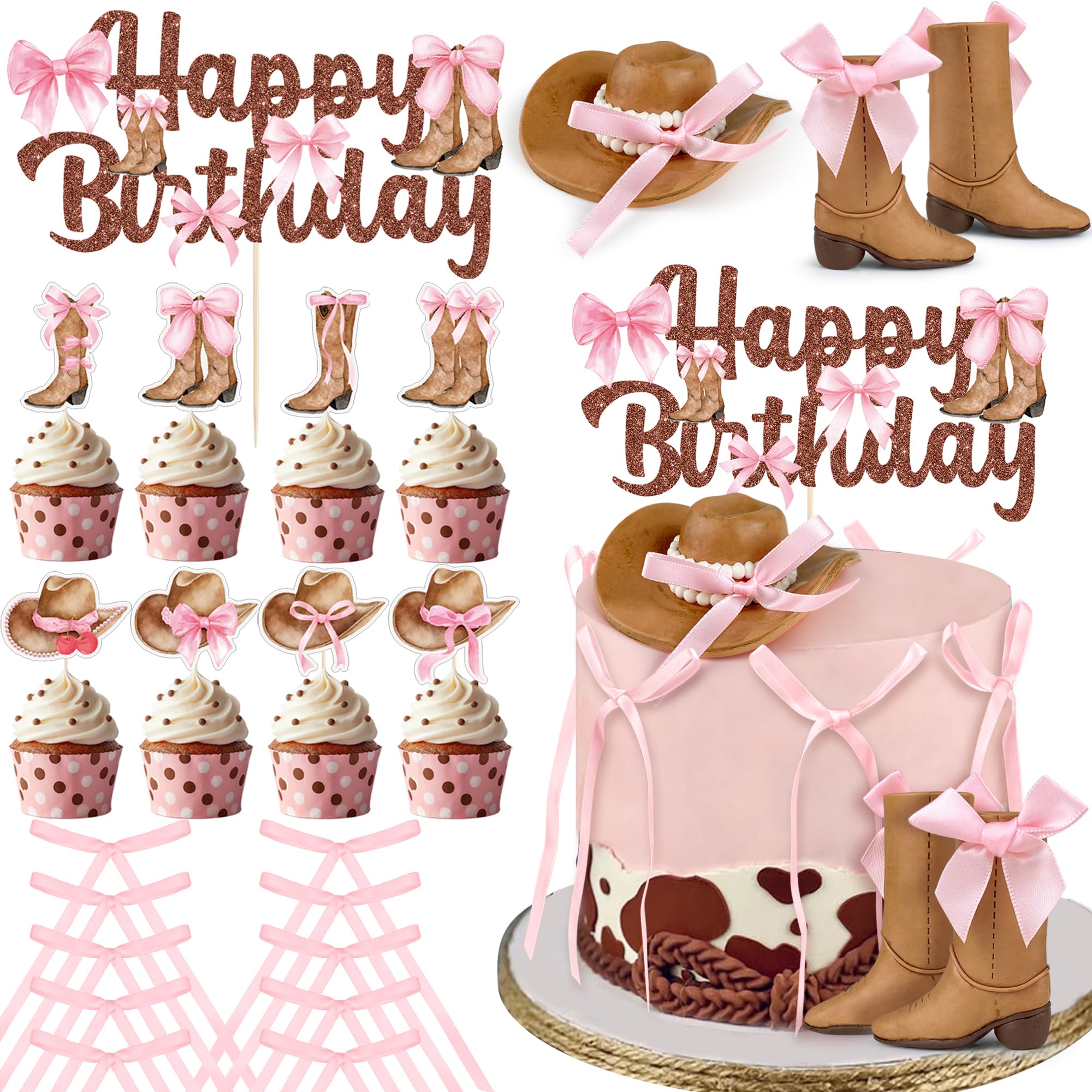 26 PCS Cowgirl Bows Cake Decorations Hat and Boot Cake Toppers for Western Theme Birthday Baby Shower Cowgirl Party Supplies