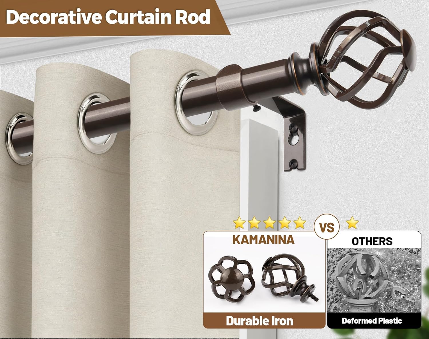 KAMANINA Bundle of 32-144" Antique Bronze Single Curtain Rod with Decorative Twisted Cage Finials and Antique Bronze Curtain Rings with Clips 20 Pack, with Interior Diameter 1.5 In image 3