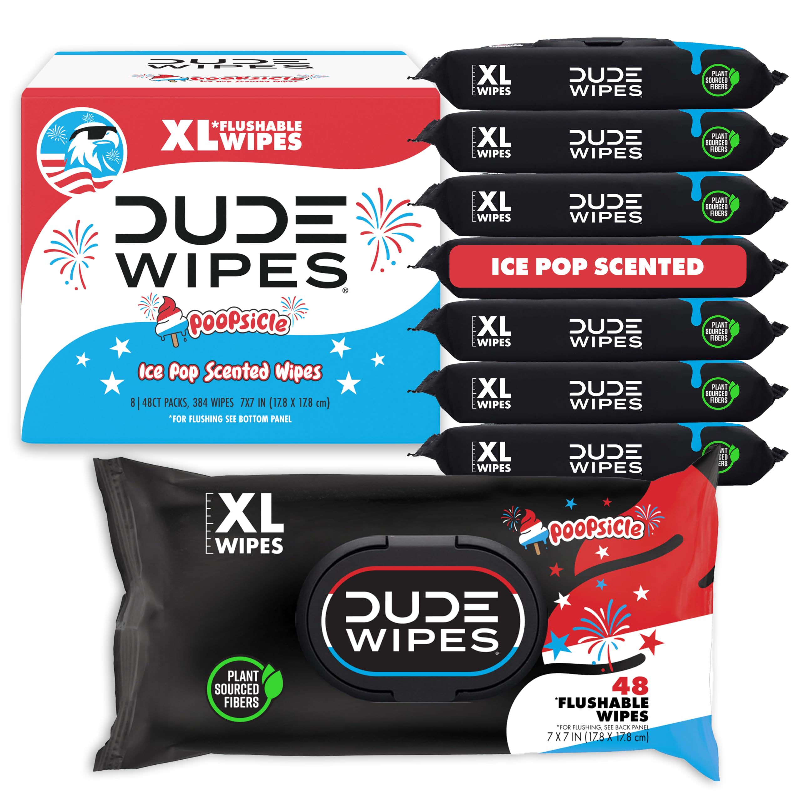 DUDE Wipes Poopsicle Adult Flushable Wet Wipes, Ice Pop Scented, 384 Count | Nostalgic summer ice pop scent. 99% water, extra large flushable butt wipes. Vitamin E and aloe. Septic safe. 8 packs of 48.