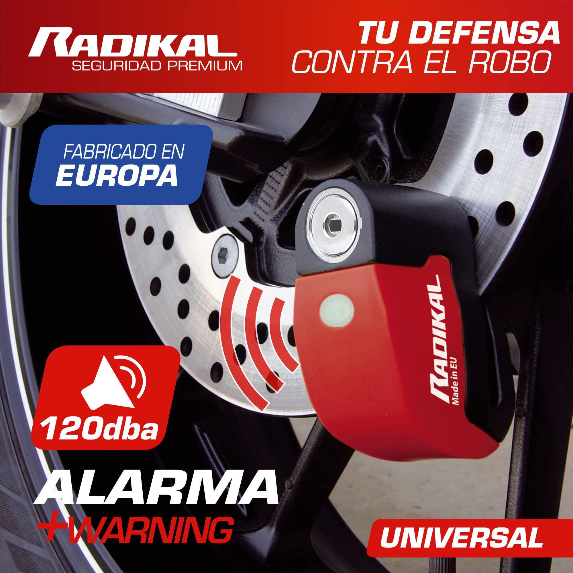 RADIKAL RK6 Candado Moto Disco Alarma 120db, Boton ON, Warning Avisador, Módulo Remplazable Impermeable, Pila CR2 Larga Duración, Antirrobo Pinza Freno Universal para Motos Scooter Bicicleta Patinete