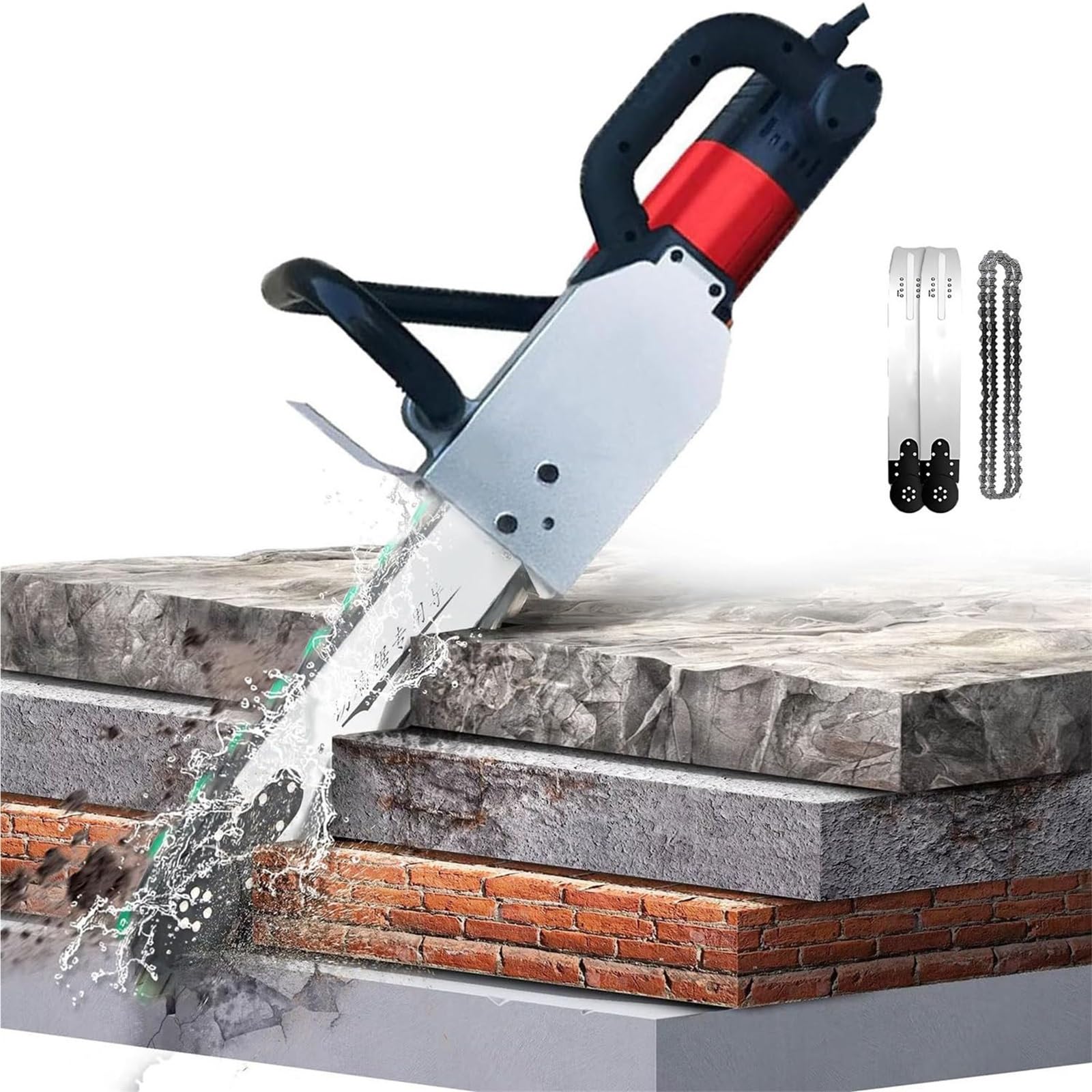 Tagliamuri Elettrico Industriale 7800w/8800w, Sega per Cemento con Catena Diamantata,profondità di Taglio 350mm/480mm,con 2 Catene Diamantate E 2 Barre di Guida(CuttingDepth35cm)