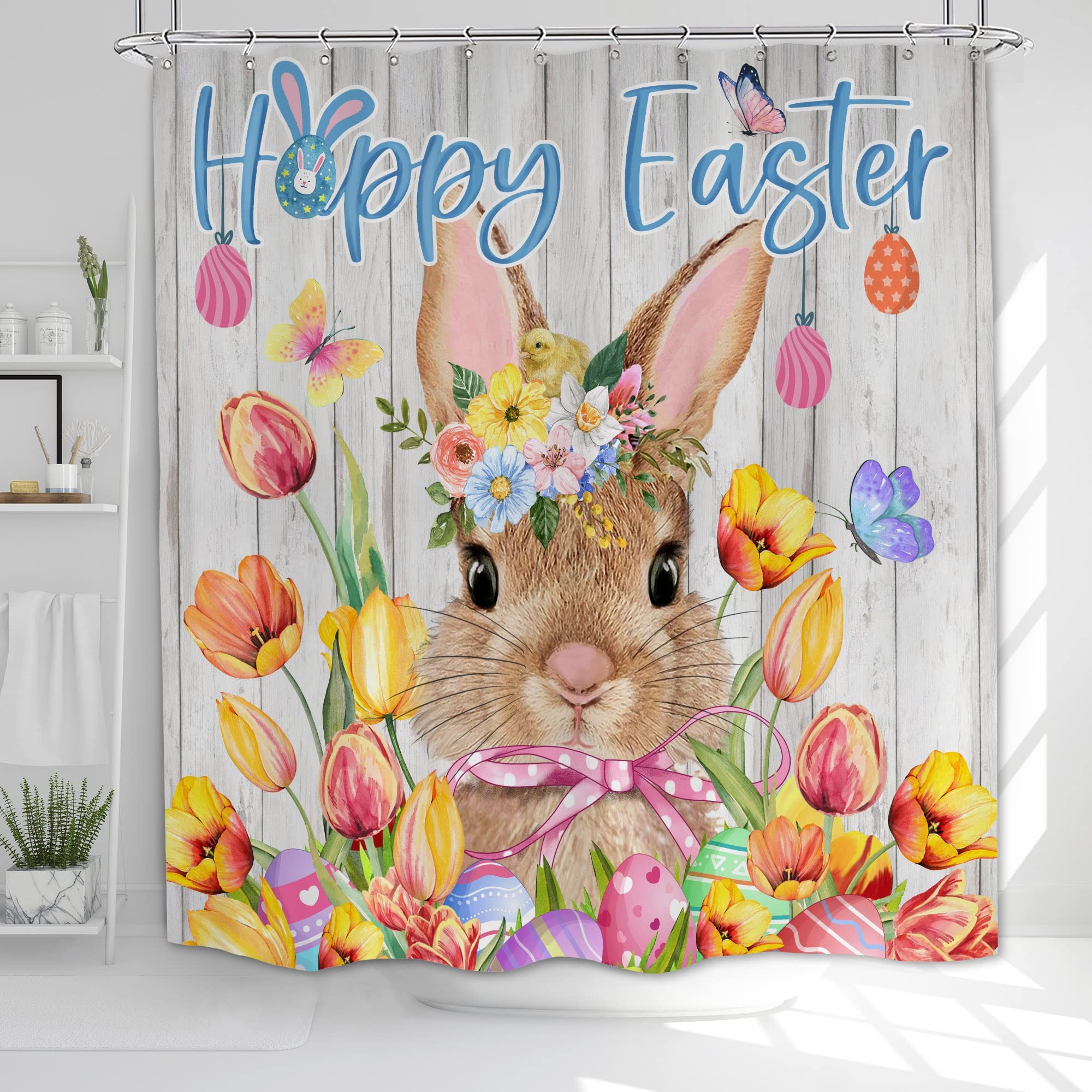 Unibyby Easter Shower Curtain, Easter Shower Curtain for Bathroom, Happy Easter with Bunny Eggs Spring Holiday Waterproof Fabric Bath Curtain with