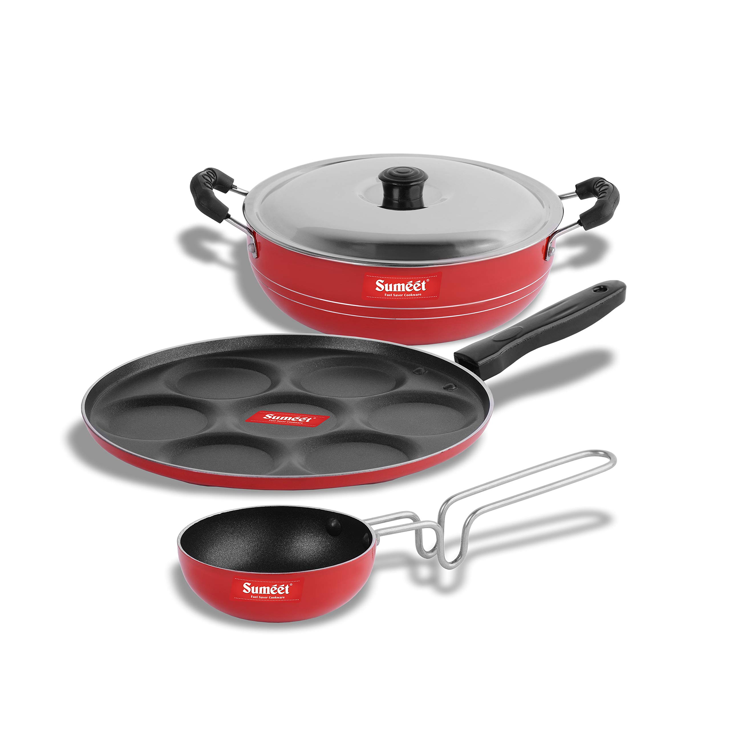 Sumeet 2.6mm Thick Non-Stick Olba Combo set (Multi snack maker – 26.5cm Dia + Kadhai with Lid – 1.5Ltr capacity- 20cm Dia + Tadka Pan – 10cm Dia)