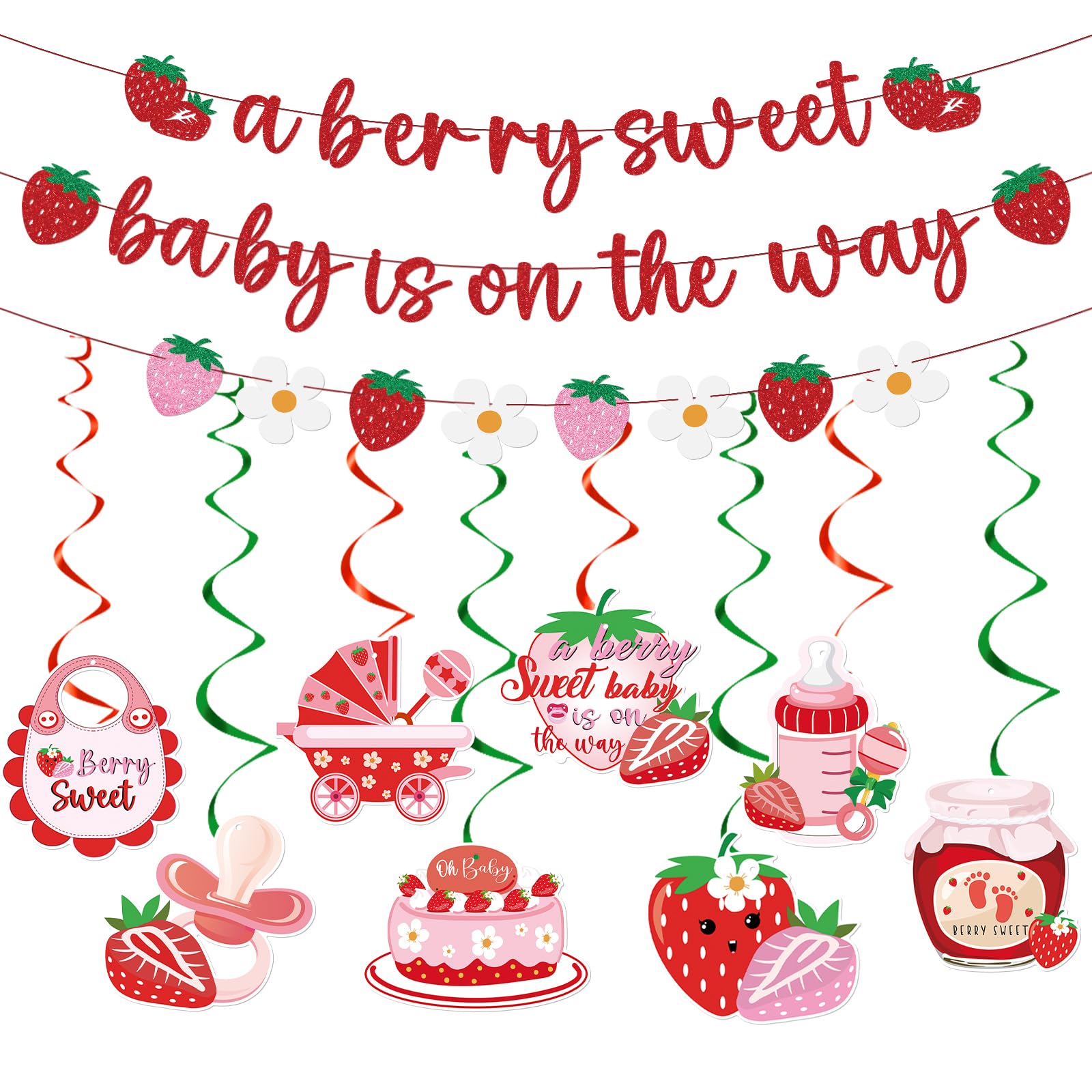 Refavor Strawberry Baby Shower Decorations - A Berry Sweet Baby Is on the Way Banners Cute Strawberry Decorations Strawberry Sweet Baby Hanging Swirls