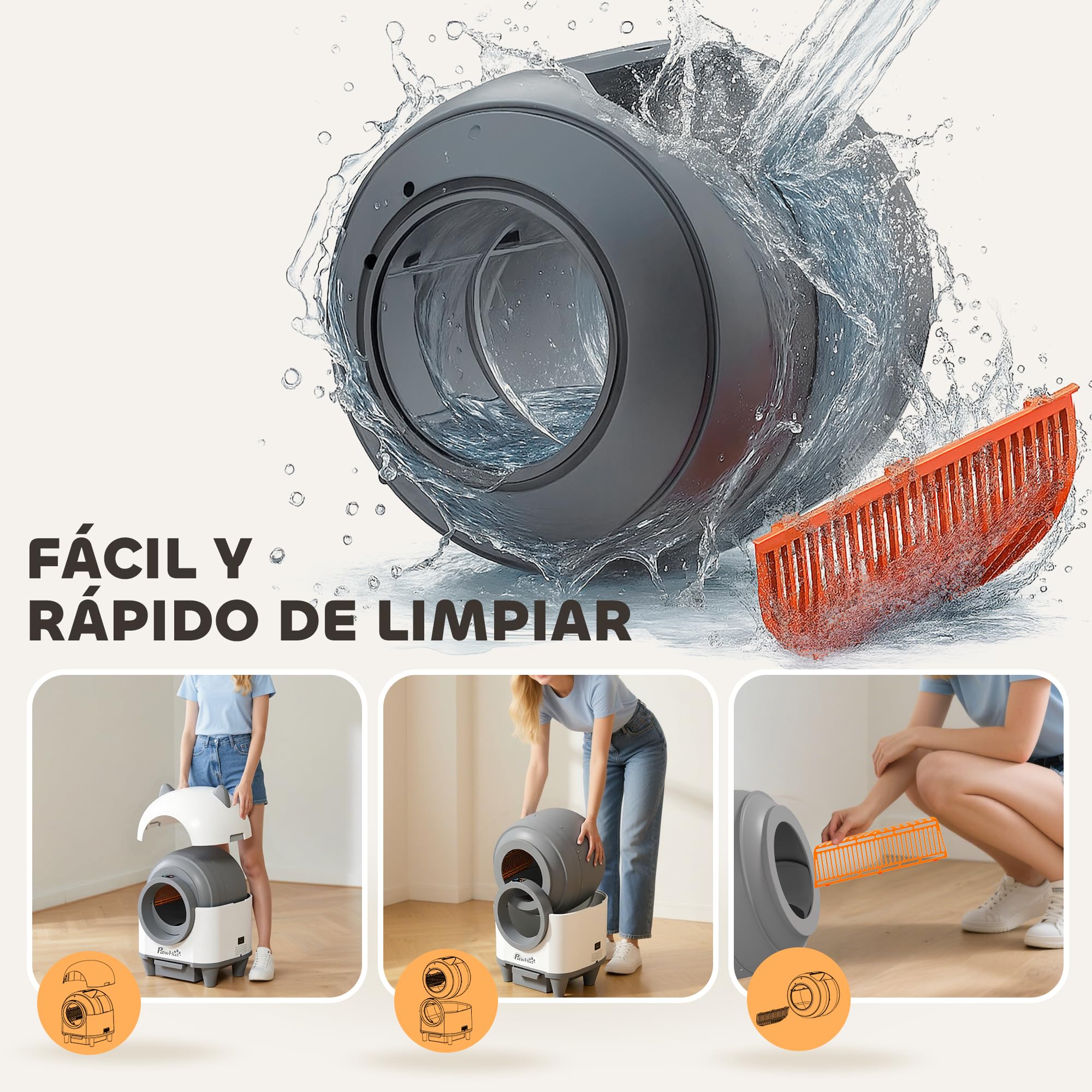 PawHut Arenero Gatos Autolimpiable 80L con Eliminación Olores Control App | Protección Seguridad, Arenero Autolimpiable, Incluye 1 Rollo Bolsas Basura