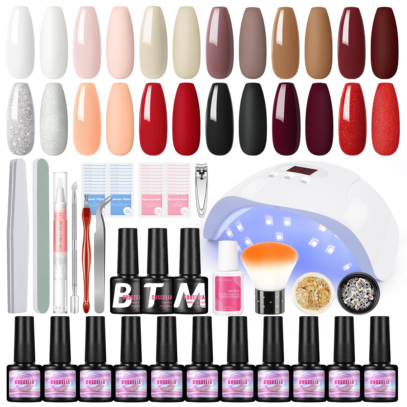 COSCELIA Kit Uñas Semipermanentes Con 36W Lampara U-V/Led Uñas,12 Colores Kit Uñas de Gel Completo con Matte y Base Top Coat,Uñas Semipermanentes Kit Completo,Kit Uñas Semipermanentes Con Lampara