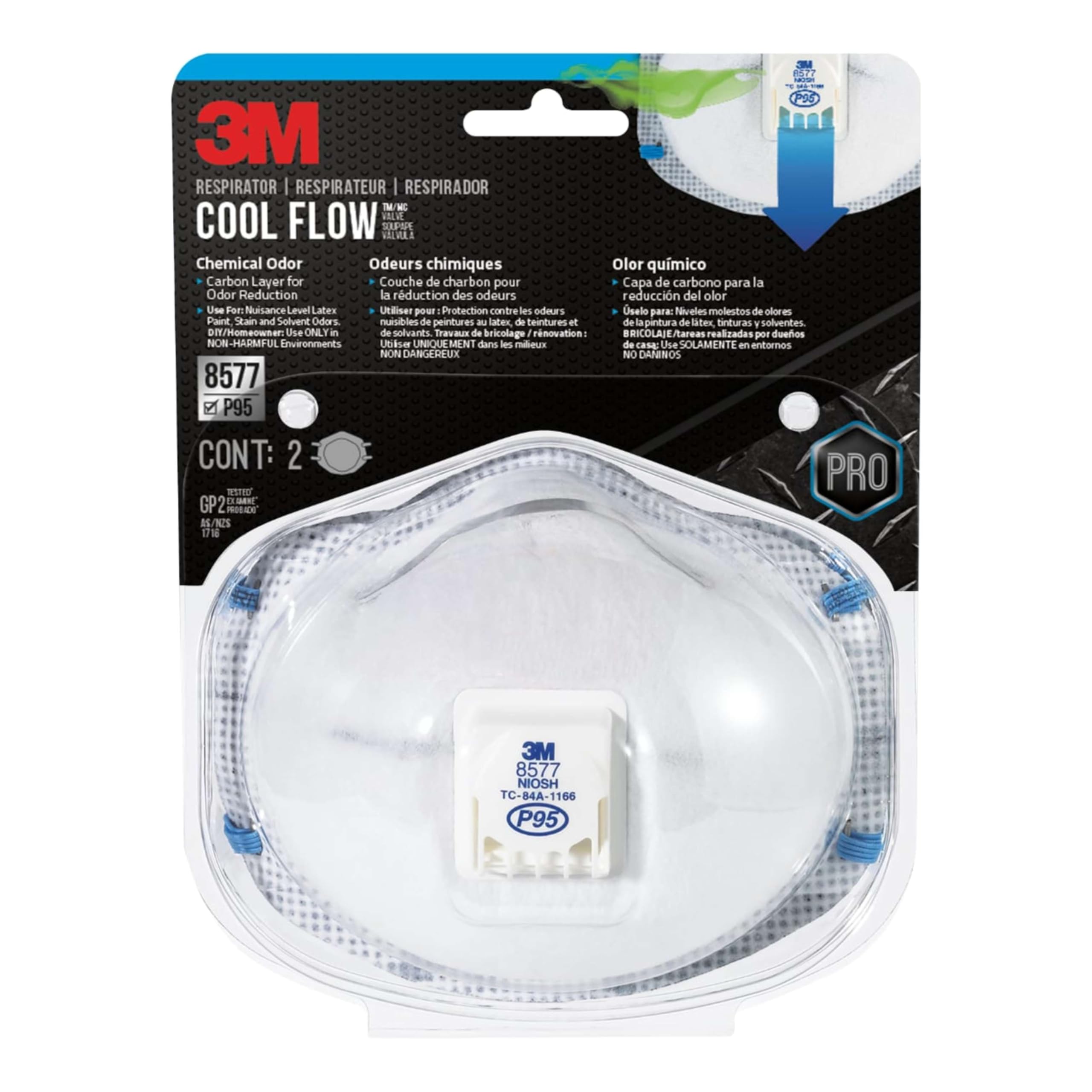 3M P95 Particulate Respirator 8577, 2 Pack, Carbon Layer For Odor Reduction, Features COOL FLOW Exhalation Valve, NIOSH-APPROVED, Advanced Filter Media For Easy Breathing, Comfortable (8577C2-DC-PS)