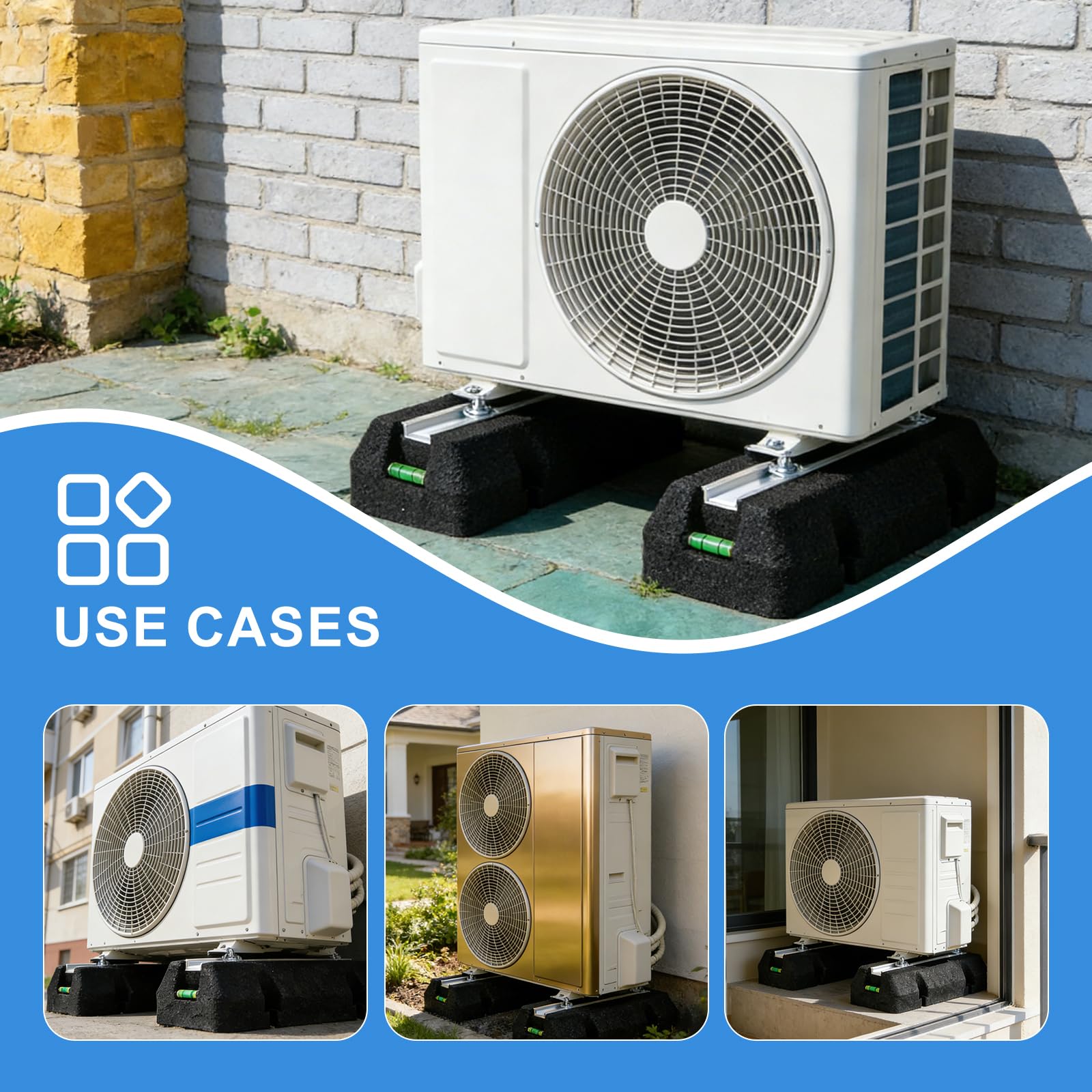 EXLECO 2 Silent Blocs pour Antivibratoires Pompe à Chaleur 450mm avec Niveau à Bulle, Console de sol pour Climatiseur Exterieure, Support en Caoutchouc pour Résistants aux UV, Charge Max. 350KG