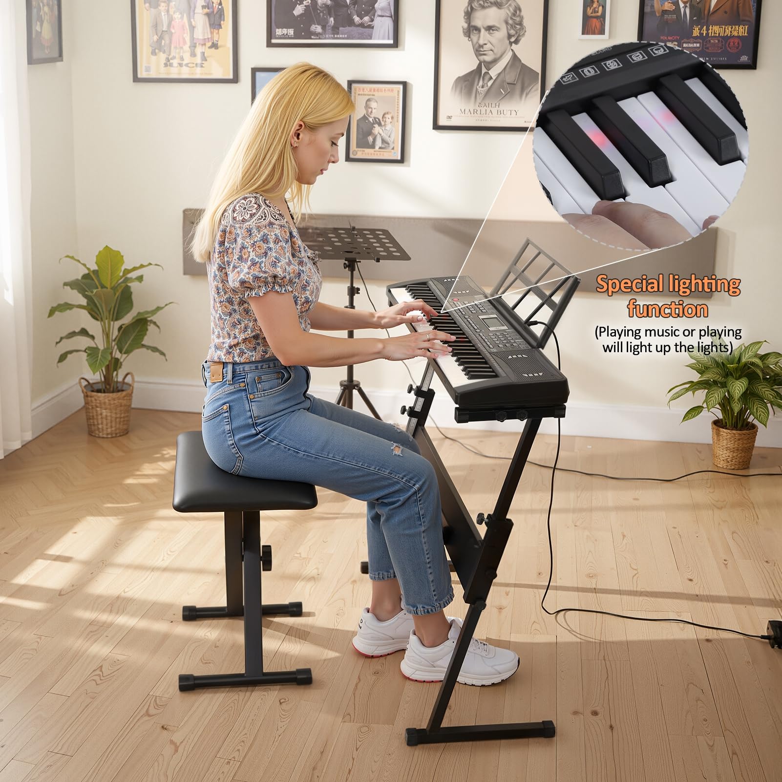61-Tasten Digitalpiano mit Tasten, 300 Klangfarben und Rhythmen | ABS-Kunststoff 61-Tasten Leuchttasten-Piano mit Lautsprecher für Anfänger, kompatibel mit Mikrofon Schwarz EU