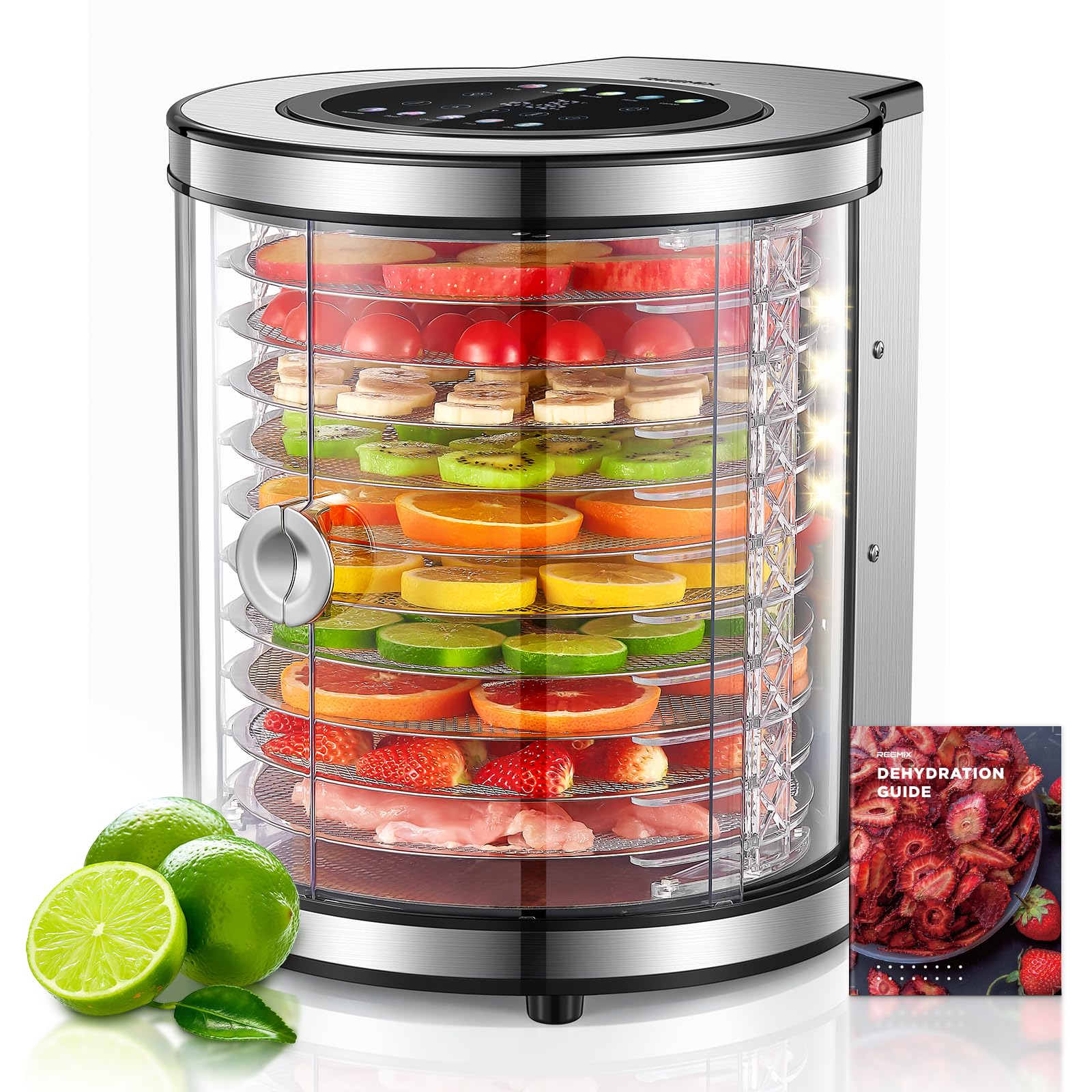 Dörrautomat Edelstahl mit 10 Etagen, Rotierender Dörrer mit 9 Programmen & LCD-Display, 35-75°C Temperaturregler & 48H Timer, Geräuscharmer 850W Fleischtrockner, Überhitzungsschutz