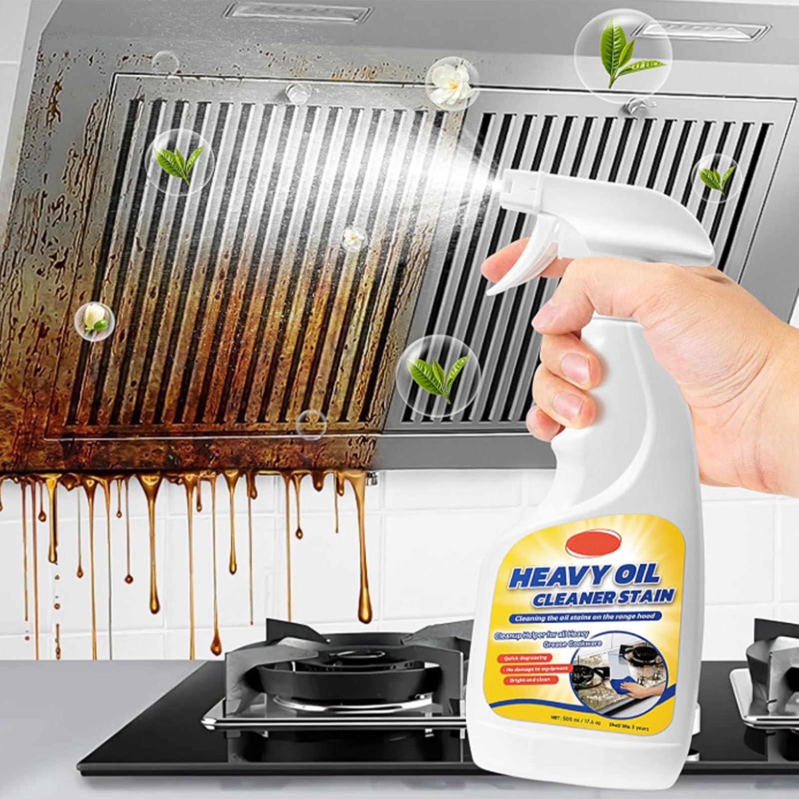Clean Up Kitchen Oil Stains-Heavy Oil Cleaner Stain for Heavy Oils Cleanup with Spray Nozzle Spray for Kitchen, Household, Oven, Stove, Range Hood, Sink (3pcs)