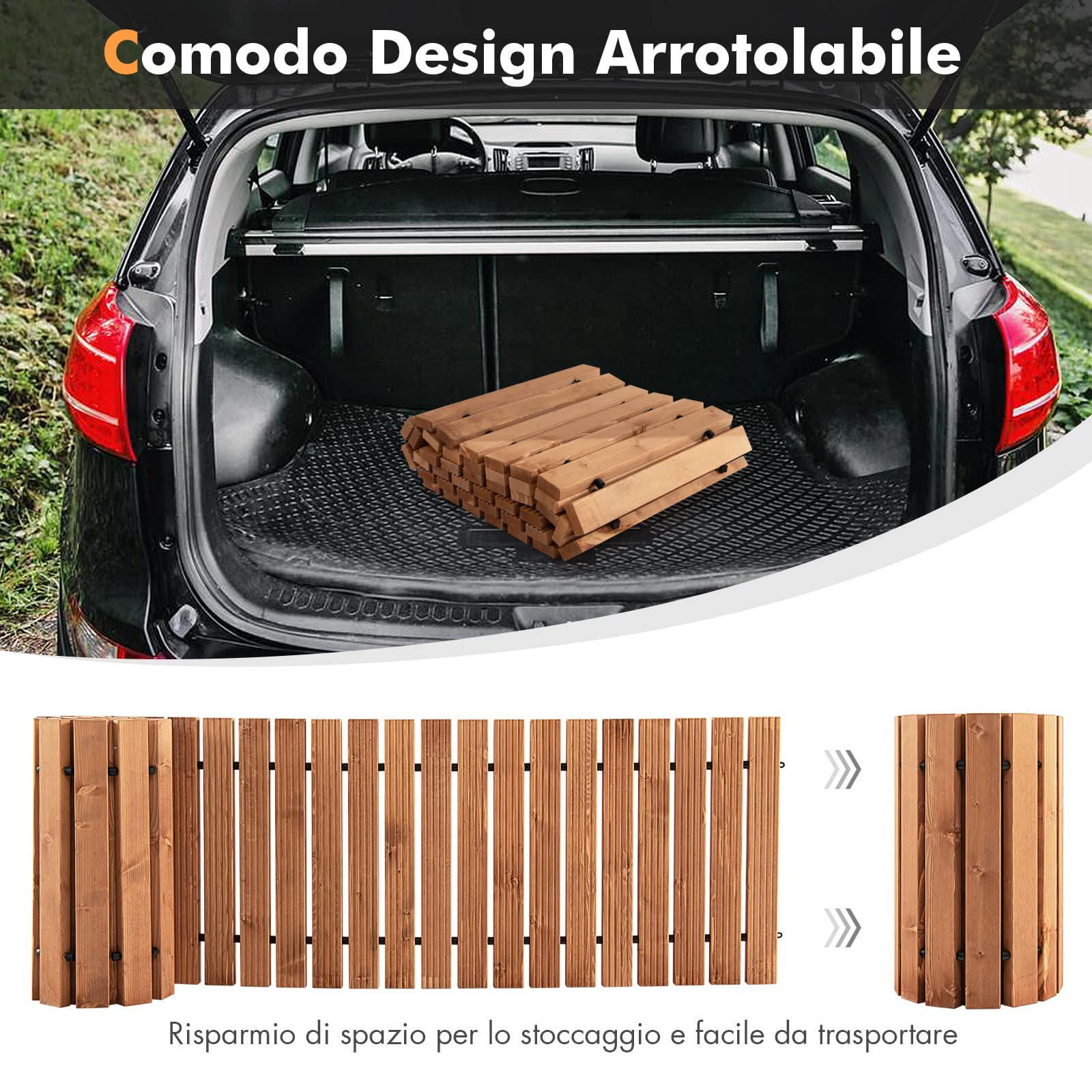COSTWAY Passerella Arrotolabile per Giardino, Sentiero da Giardino con Filo di Ferro e Consistenza Antiscivolo Resistente alle Intemperie, Percorso in Legno per Cortile e Spiaggia (245 x 43 x 2 cm)