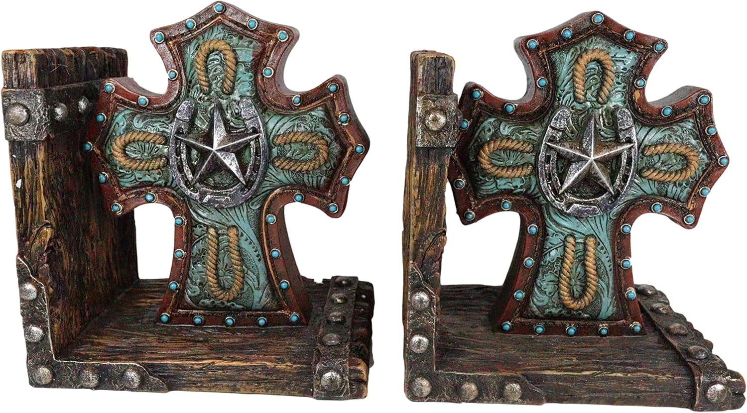 Ebros Gift Rustic Turquoise Western Star with Horseshoes Cross Braided Ropes Decorative Bookends Figurine Set Country Faux Driftwood Wooden Accent Sculptures
