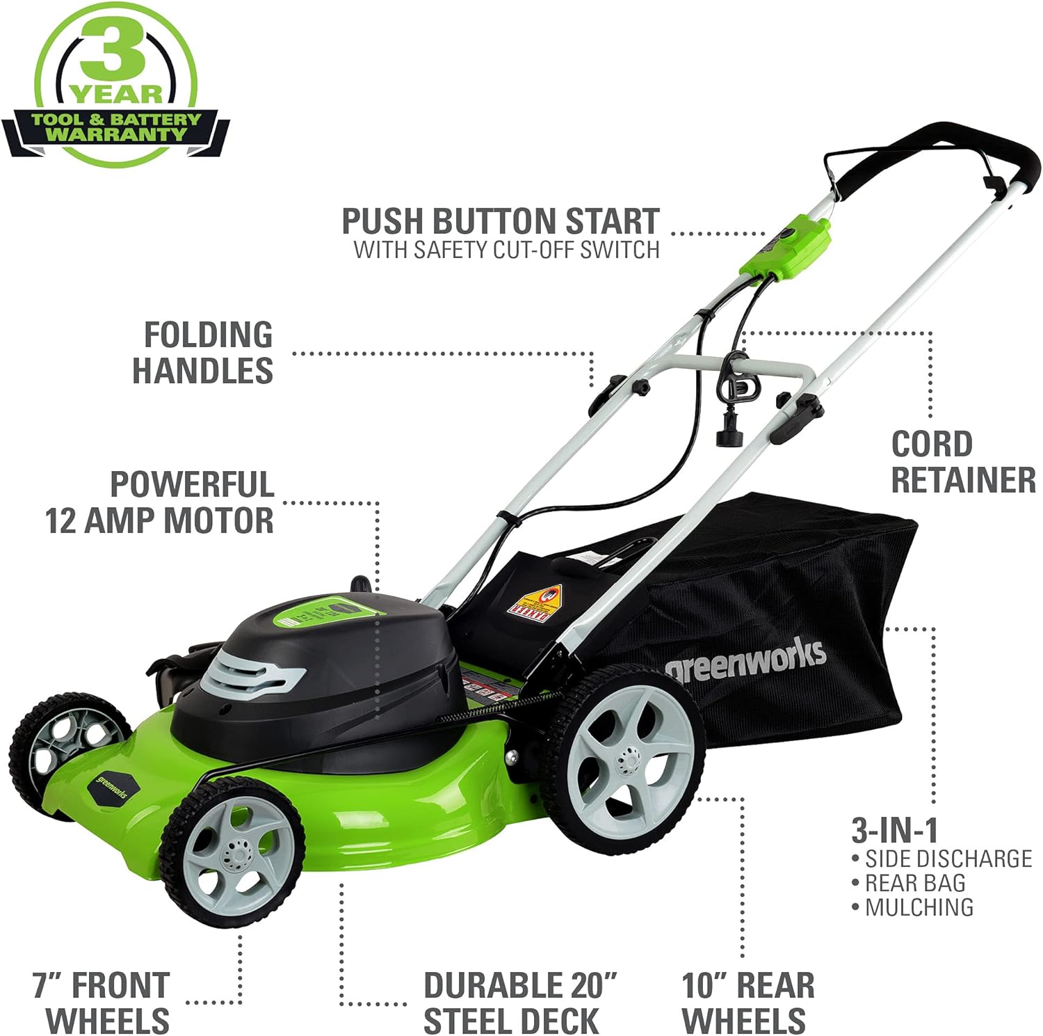 review Greenworks 12 Amp 20-Inch 3-in-1Electric Corded Lawn Mower, 25022 & Bayco KW-110 Cord Reel, Orange
