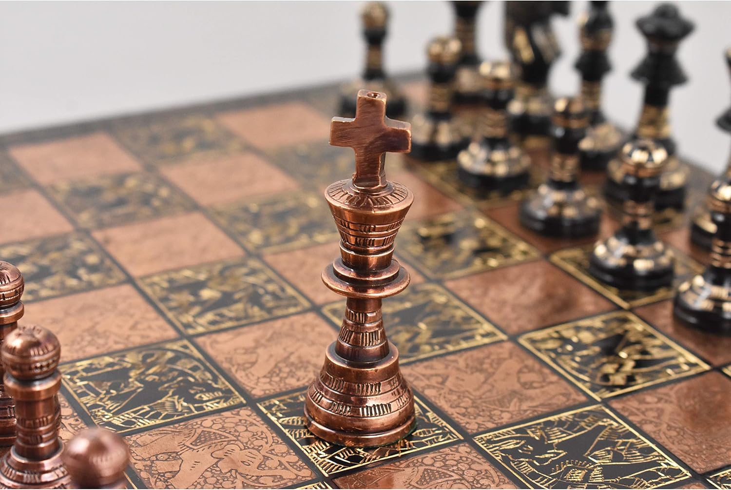 Royal Chess Mall - 12" Brass Metal Luxury Chess Pieces & Board Set- French Staunton -Copper & Black