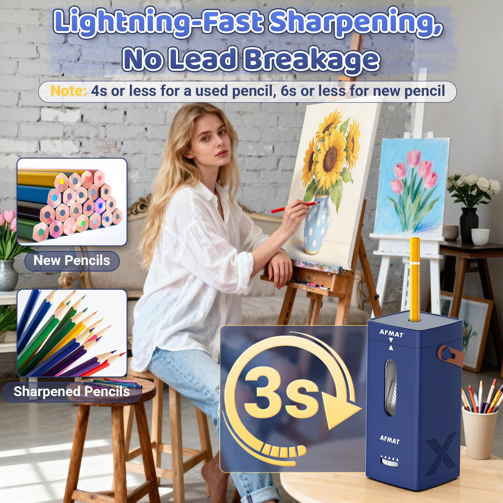 AFMAT Sacapuntas eléctrico, sacapuntas totalmente automático, entrada y salida automática, sacapuntas recargable para lápices Jumbo y lápices de colores (6,5 – 12 mm), portátil para hogar/aula/oficina