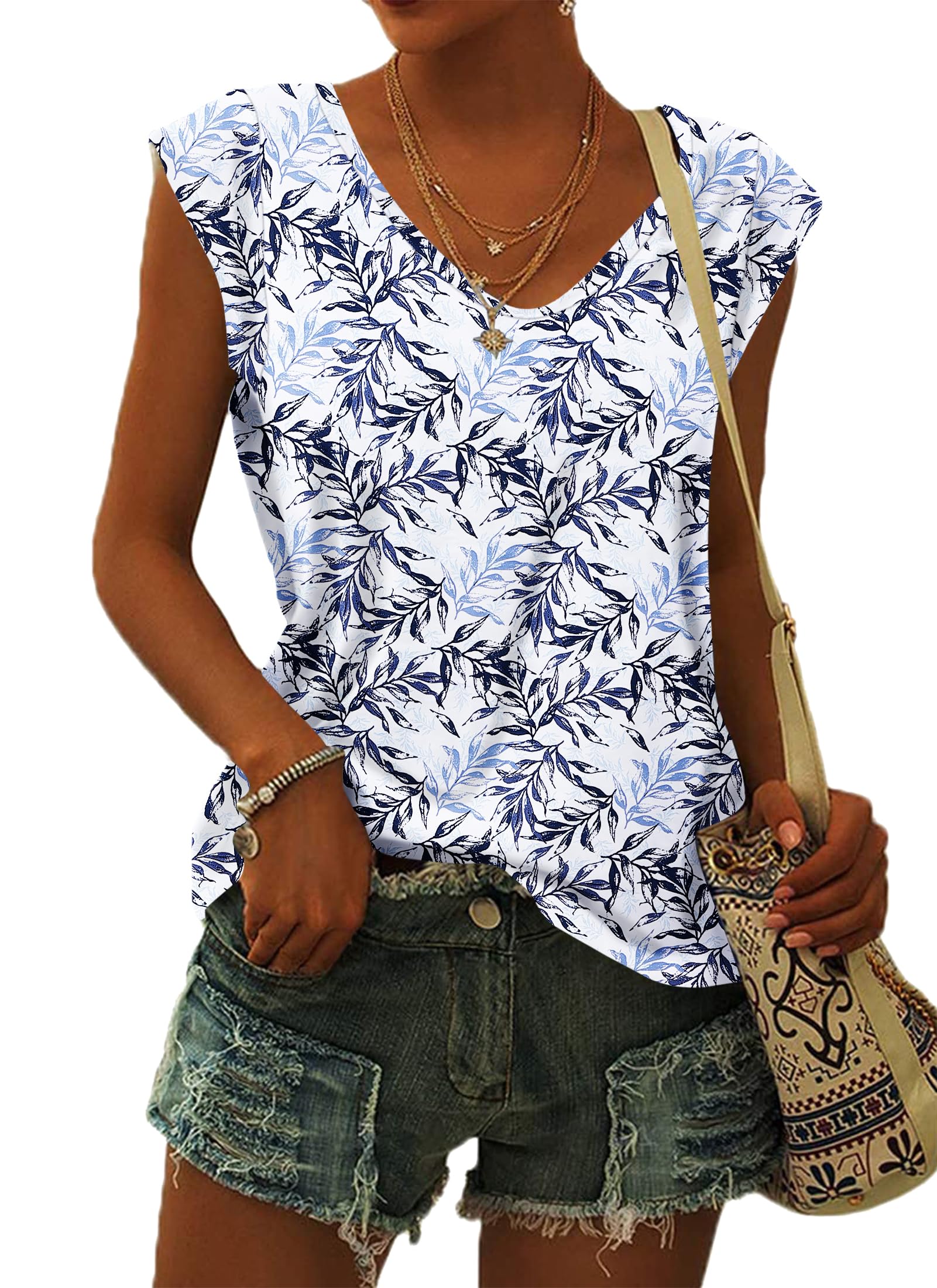 WNEEDU Women Tops Summer T-Shirts for Women UK V Neck Cap Sleeve Ladies Summer Tank Tops Blouses Blue Perch Leaf L