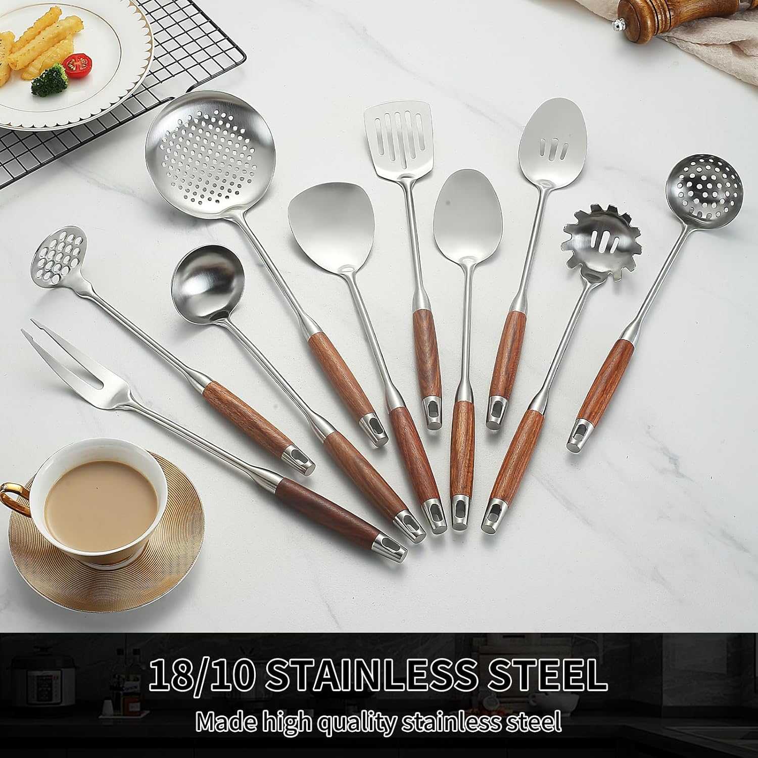 18/10 Stainless Steel Kitchen Utensils Set with Wood Handle Metal Cooking Utensils Set 10 Piece - Spatula, Spoon, Ladle, Skimmer, Slotted Turners, Pasta,Turner, Ladl, Fork