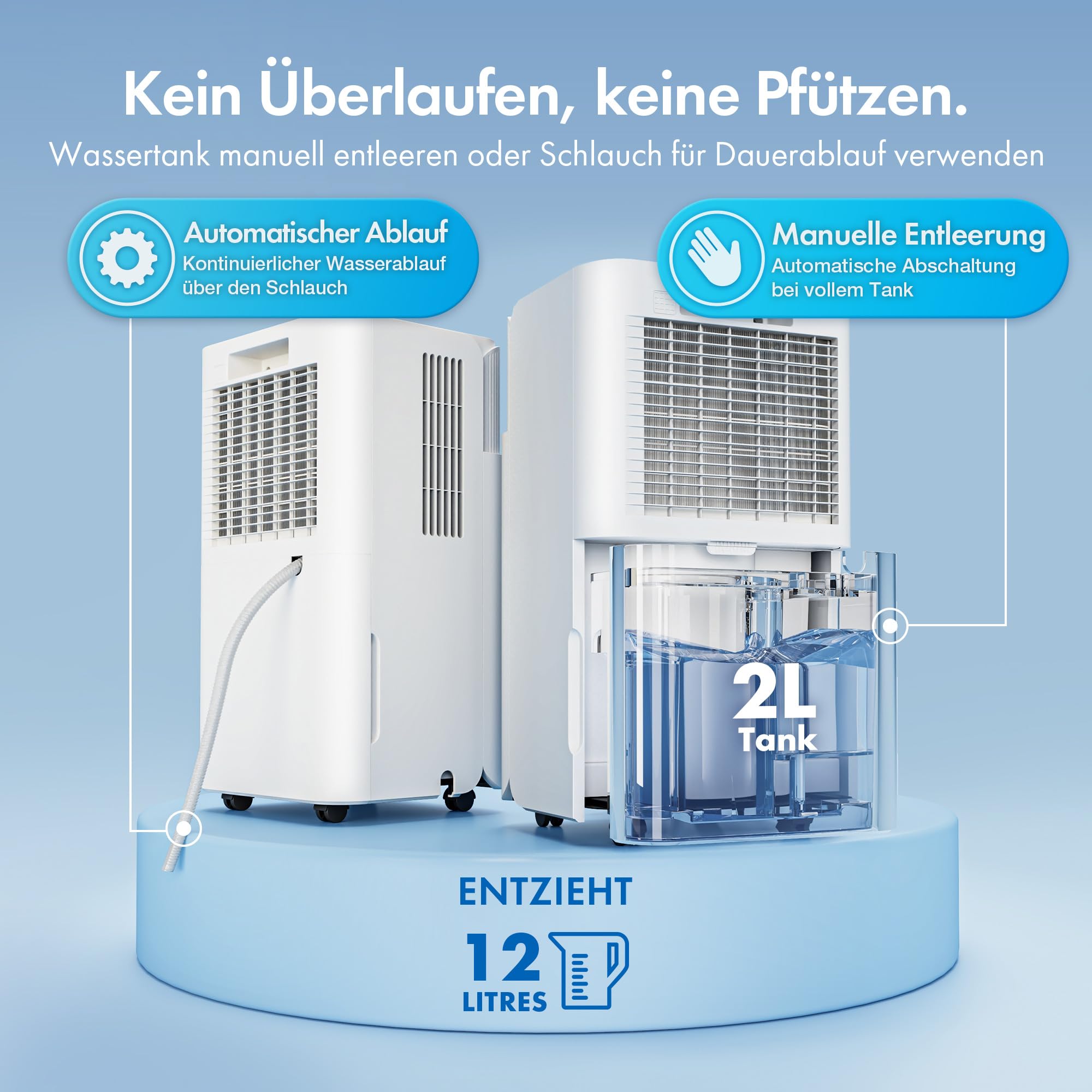 VonHaus Luftentfeuchter Elektrisch, 12L/24H, Entfeuchter für Keller, Raumentfeuchter Elektrisch 39dB für Räume bis zu 125m³/20m², mit Schlafmodus, Timer & Ablaufschlauch - Gegen Nässe und Schimmel