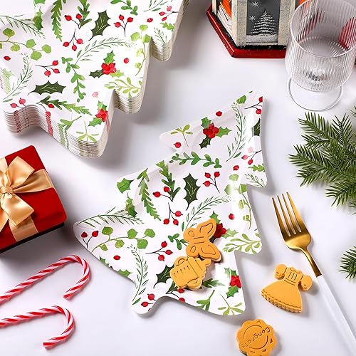 Miniatura 2 de 100 platos de papel de Navidad de 11 x 7.9 pulgadas, platos en forma de árbol de Navidad, platos desechables para árbol de Navidad, plato de papel