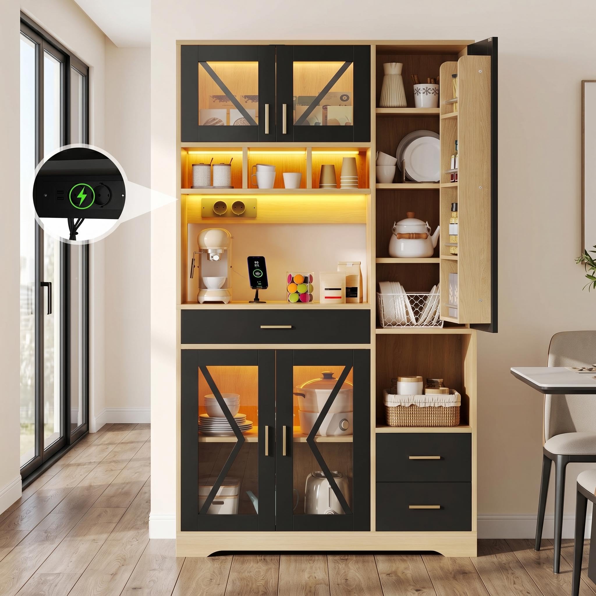 FurnitureR Küchenhochschrank, hoher Küchenschrank 105 x 40 x 185 cm, Schwarz, MDF Vorratsschrank mit 5 Türen und 3 Schubladen, APP-LED, Steckdosenleiste, als Stauraumlösung für Küche und Apartment