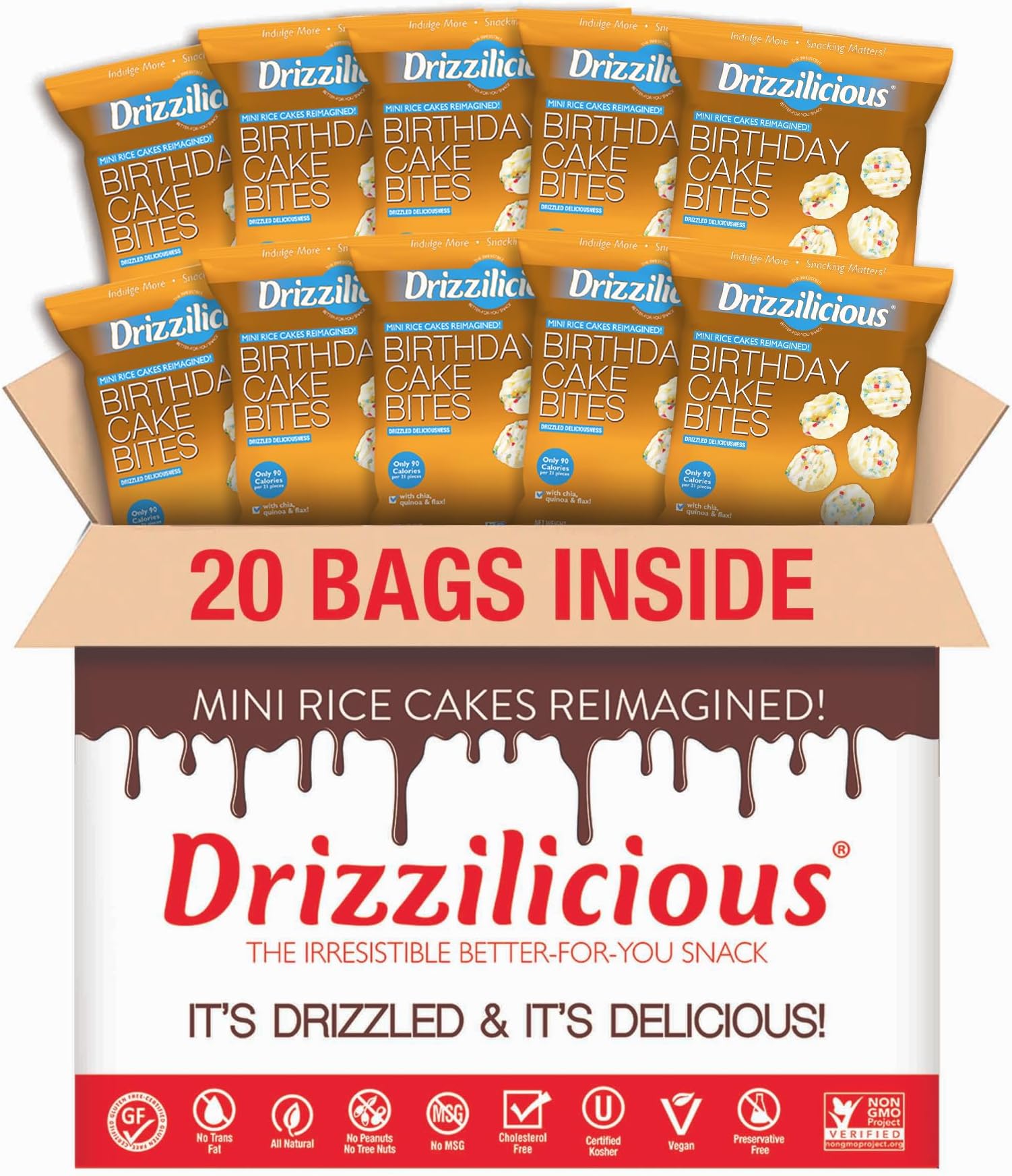 Mini Rice Cakes Birthday Cake - Rice Crisps, Healthy Snack for Adults and Kids, Flavored Rice Cakes, Vegan, Gluten Free, Allergen Free, Only 90 Calories Per Bag - 0.74 oz (Pack of 20)