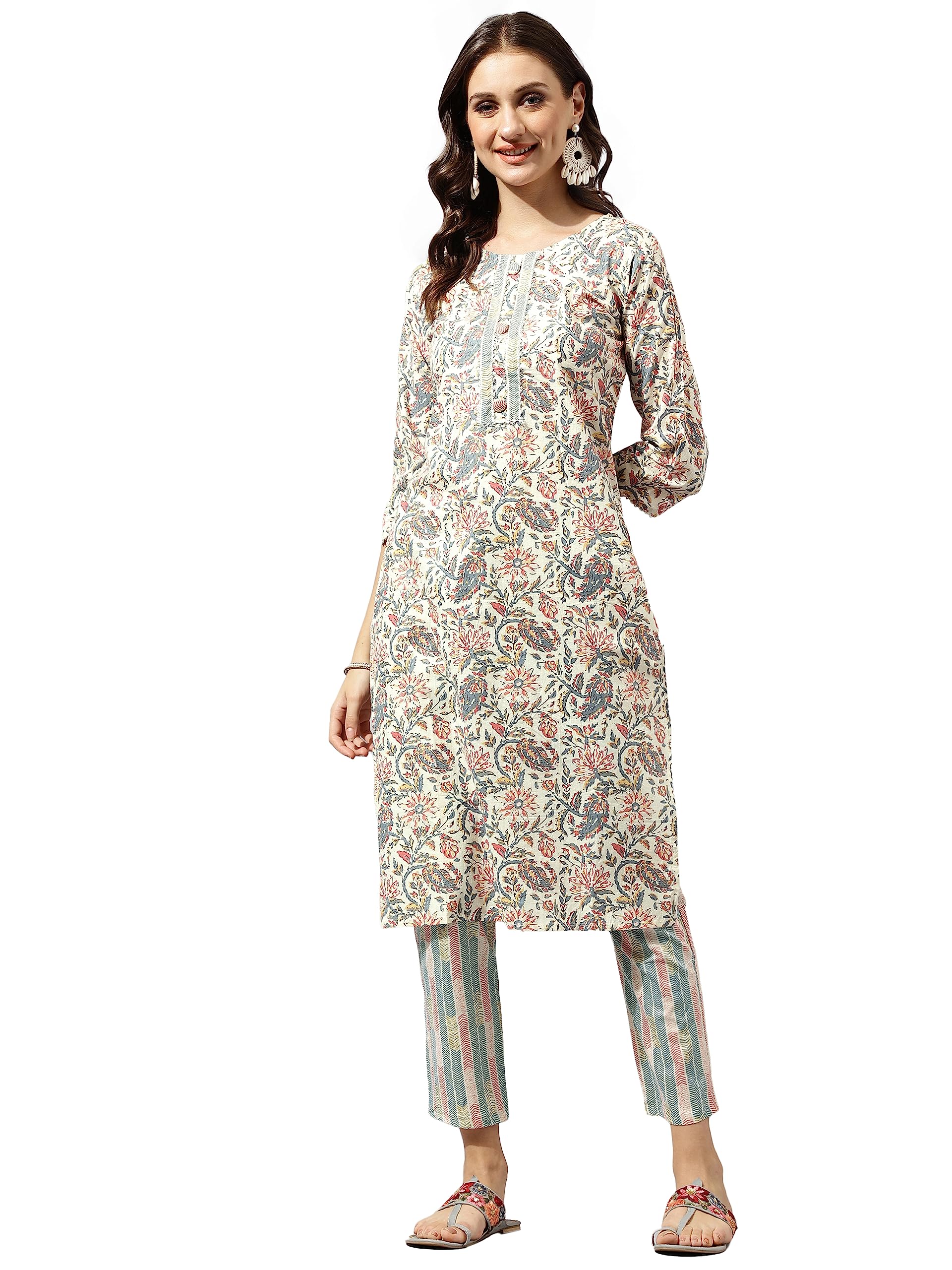 Bewakoof Pure Cotton Straight Kurta Set for Women with Pant | Printed Kurta Pant Set | Ethnic Office Wear Kurta Set with Trouser in multi