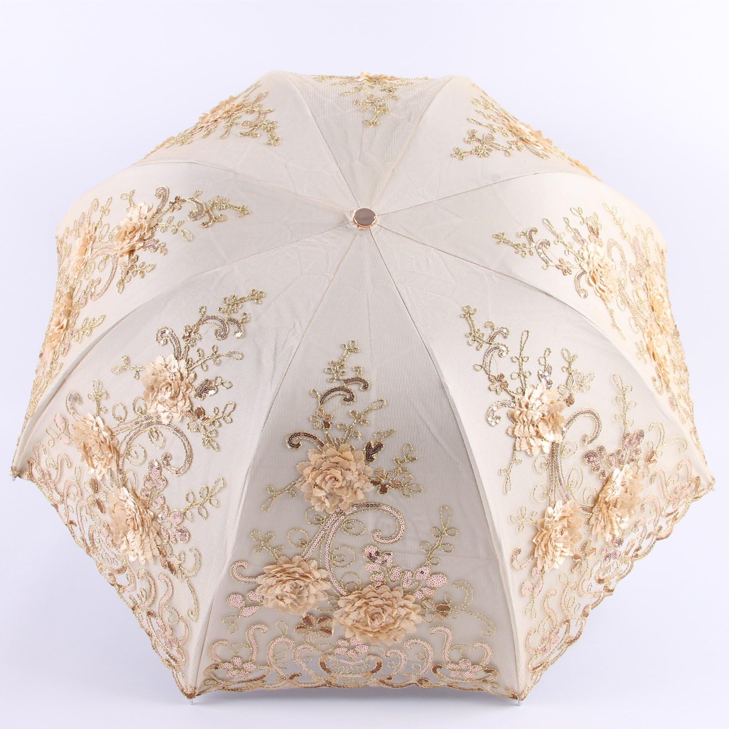 Honeystore Vintage Lace UV Sun Parasol Folding 3D Flower Embroidery Umbrella - Image 5