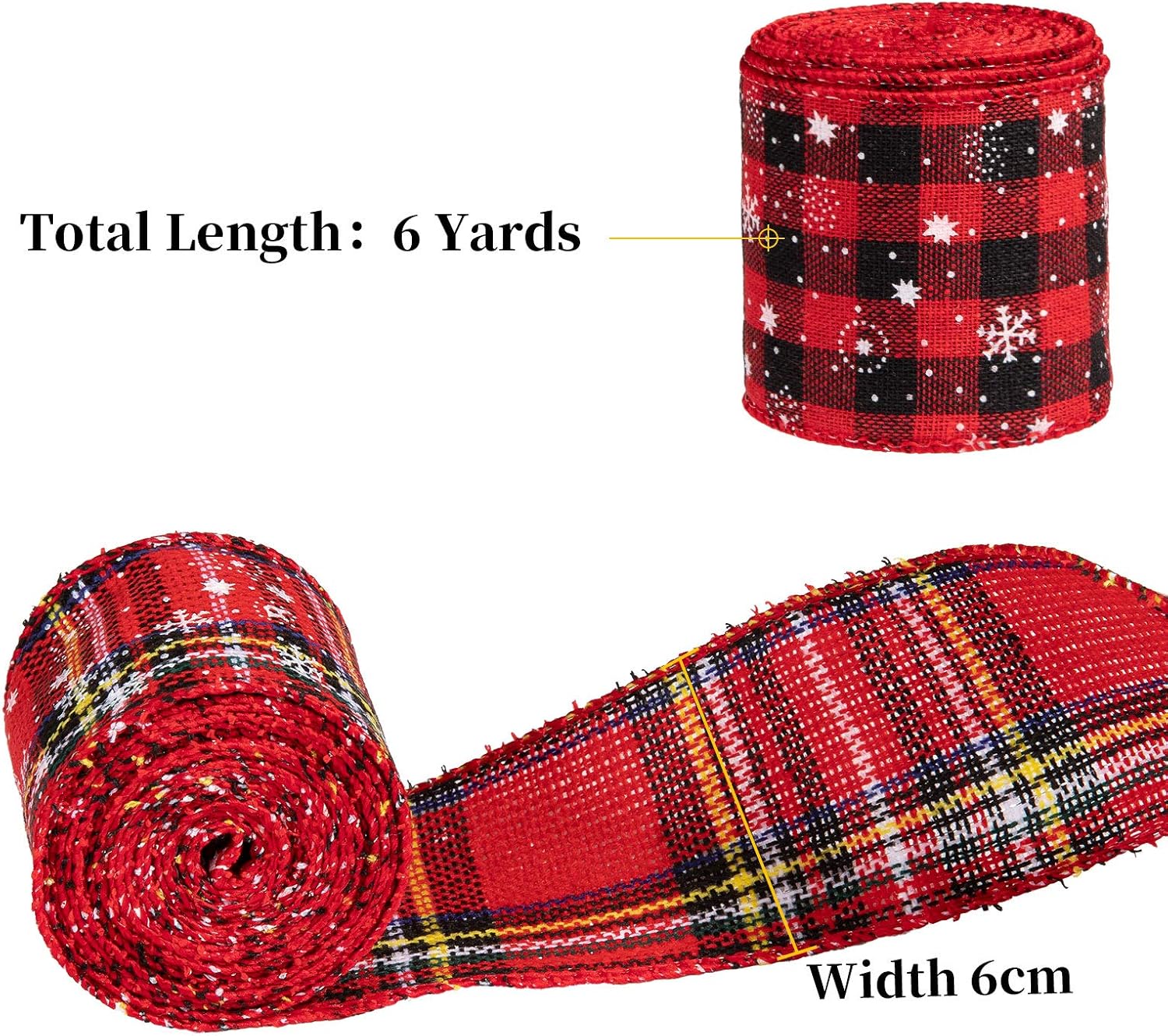 Whaline 3 Rolls Christmas Snowflake Buffalo Plaid Wired Edge Burlap Ribbon 18 Yard x 2.4 Inch Red Green Plaid Craft Ribbon Vintage Wrapping Ribbon Rustic Natural Ribbon for Xmas Wrapping Gift Decor