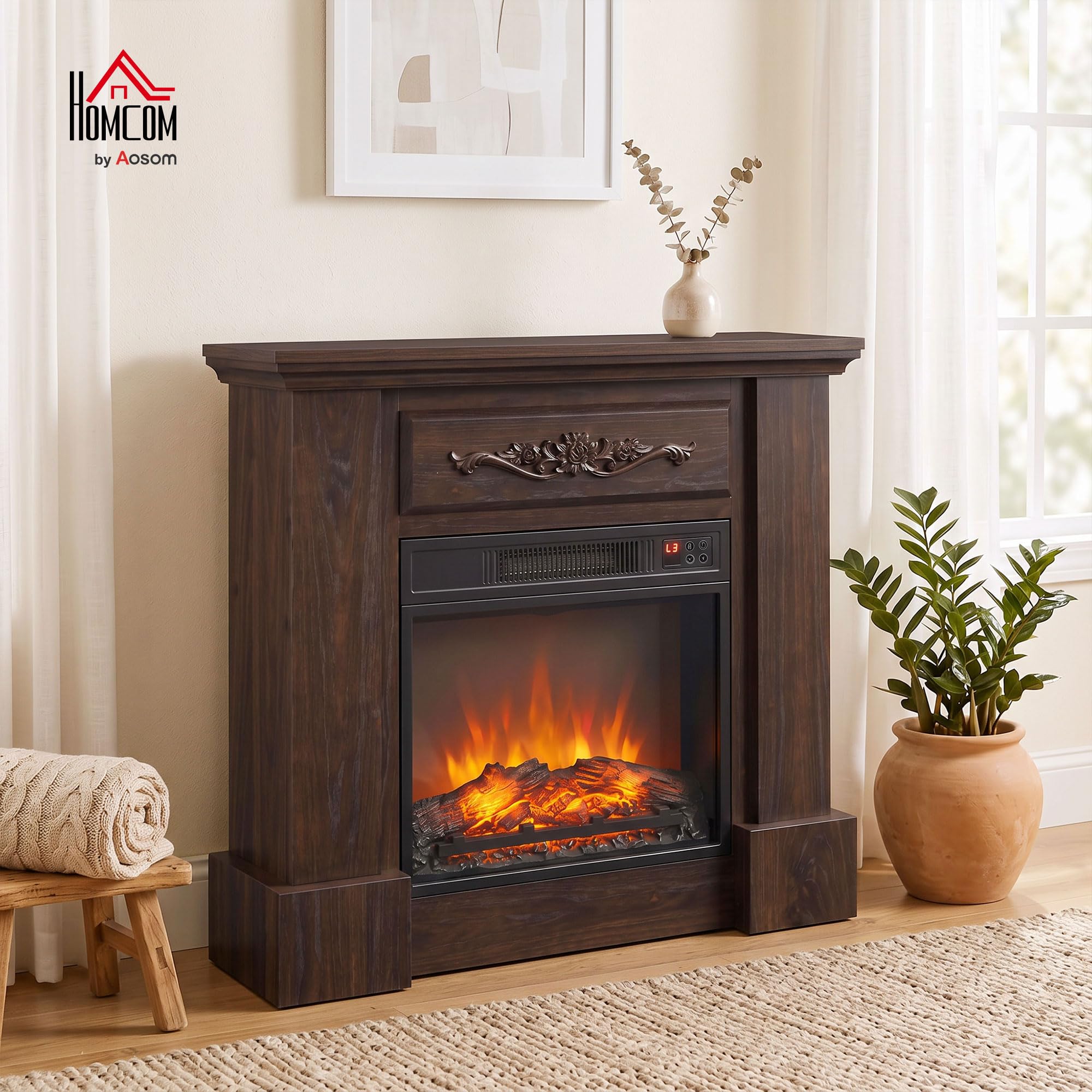 HOMCOM Camino Elettrico Cornice Effetto Fiamma Realistico 1800W Marrone | Caminetto Elettrico da Incasso e Terra, Stufa con Telecomando, Termostato, Timer, Riscaldamento Regolabile, Soggiorno