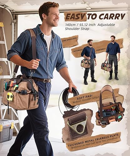 Miniatura 7 de ARCFOX Bolsa de herramientas portátil de electricista de 14 pulgadas, 21 bolsillos, organizador de bolsas de herramientas de lona resistente de 16